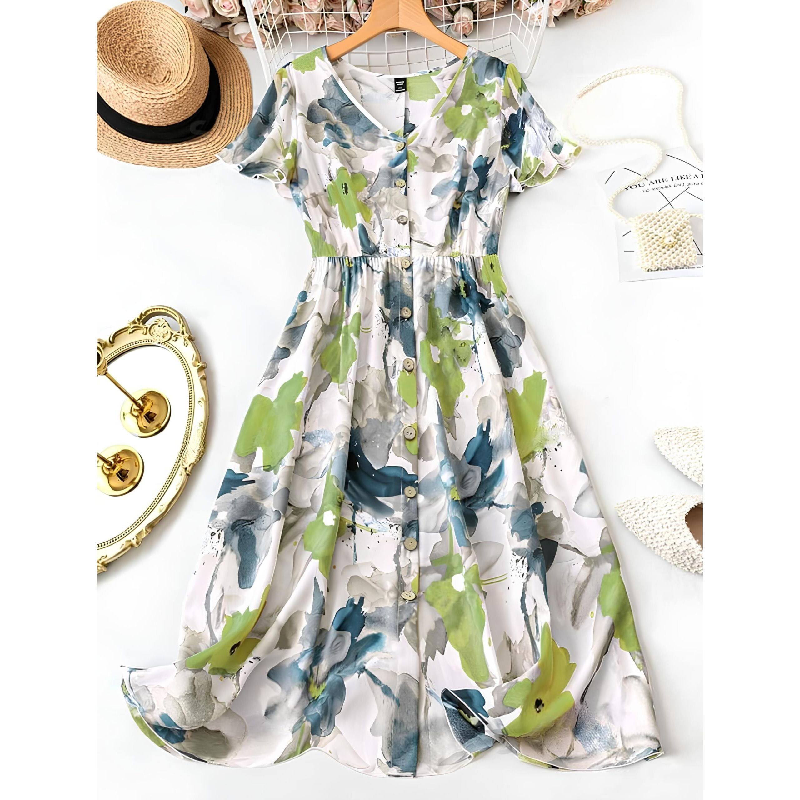 Gufrina Women's V-Neck Short Sleeve Ink Flower Print Dress - Button-Up A-Line Midi Dress (Green Xl)