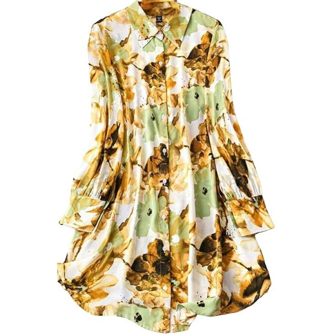 Gufrina Women's Rayon Dress With Long Puff Sleeves Mandarin Collared Neck Tie Die Printed A-Line Style Regular Fit And Knee Length Yellow