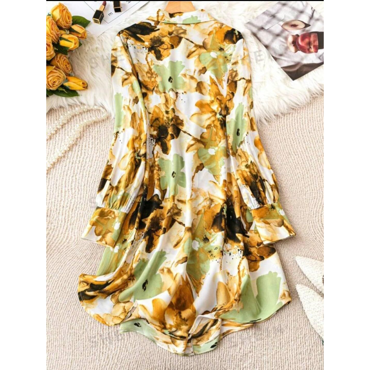 Gufrina Women's Rayon Dress With Long Puff Sleeves Mandarin Collared Neck Tie Die Printed A-Line Style Regular Fit And Knee Length Yellow