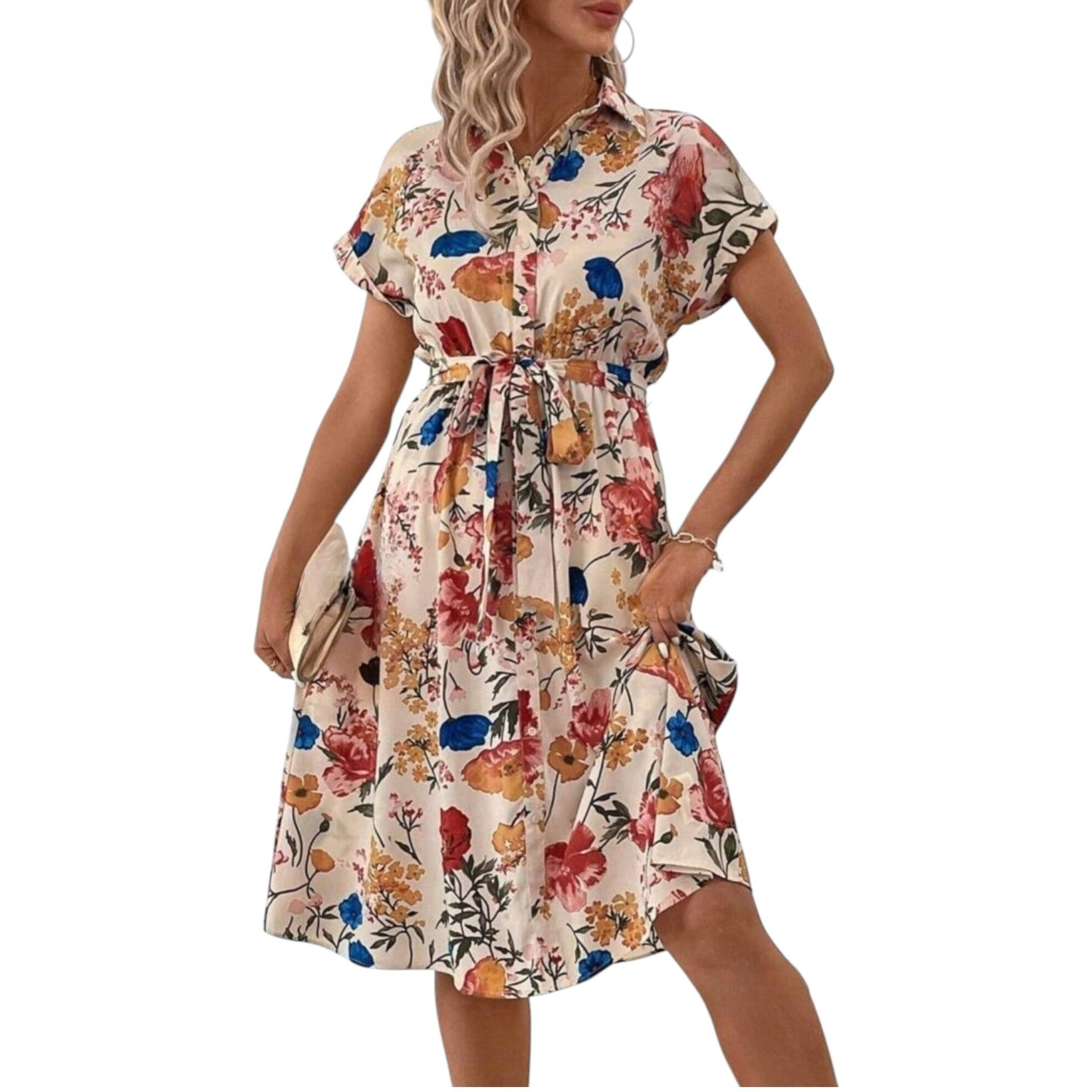 Gufrina Women's Short Sleeve Shirt Collar Floral Printed Rayon Midi Dress - Elegant Boho Style (Cream L)