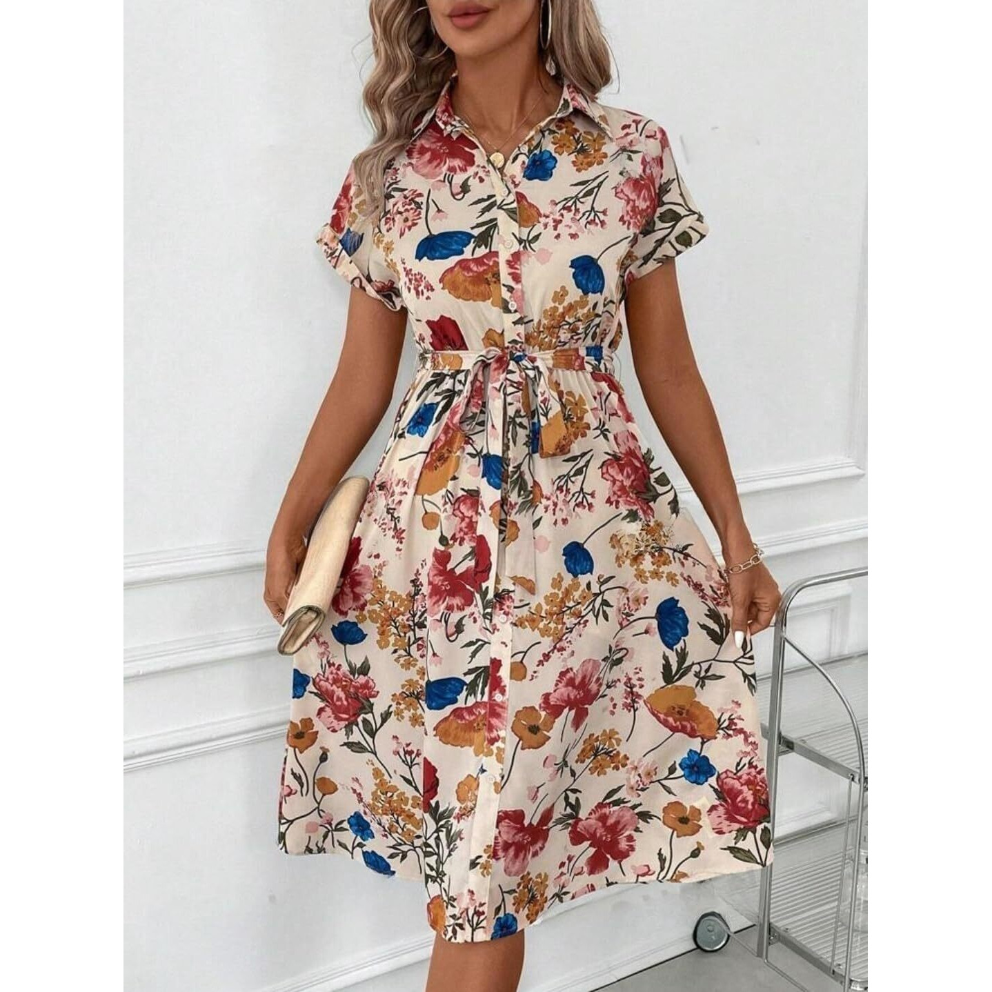 Gufrina Women's Short Sleeve Shirt Collar Floral Printed Rayon Midi Dress - Elegant Boho Style (Cream L)