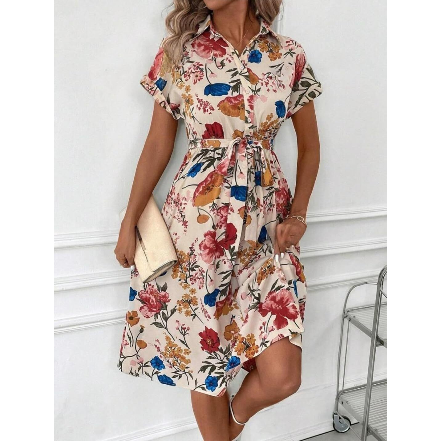 Gufrina Women's Short Sleeve Shirt Collar Floral Printed Rayon Midi Dress - Elegant Boho Style (Cream L)