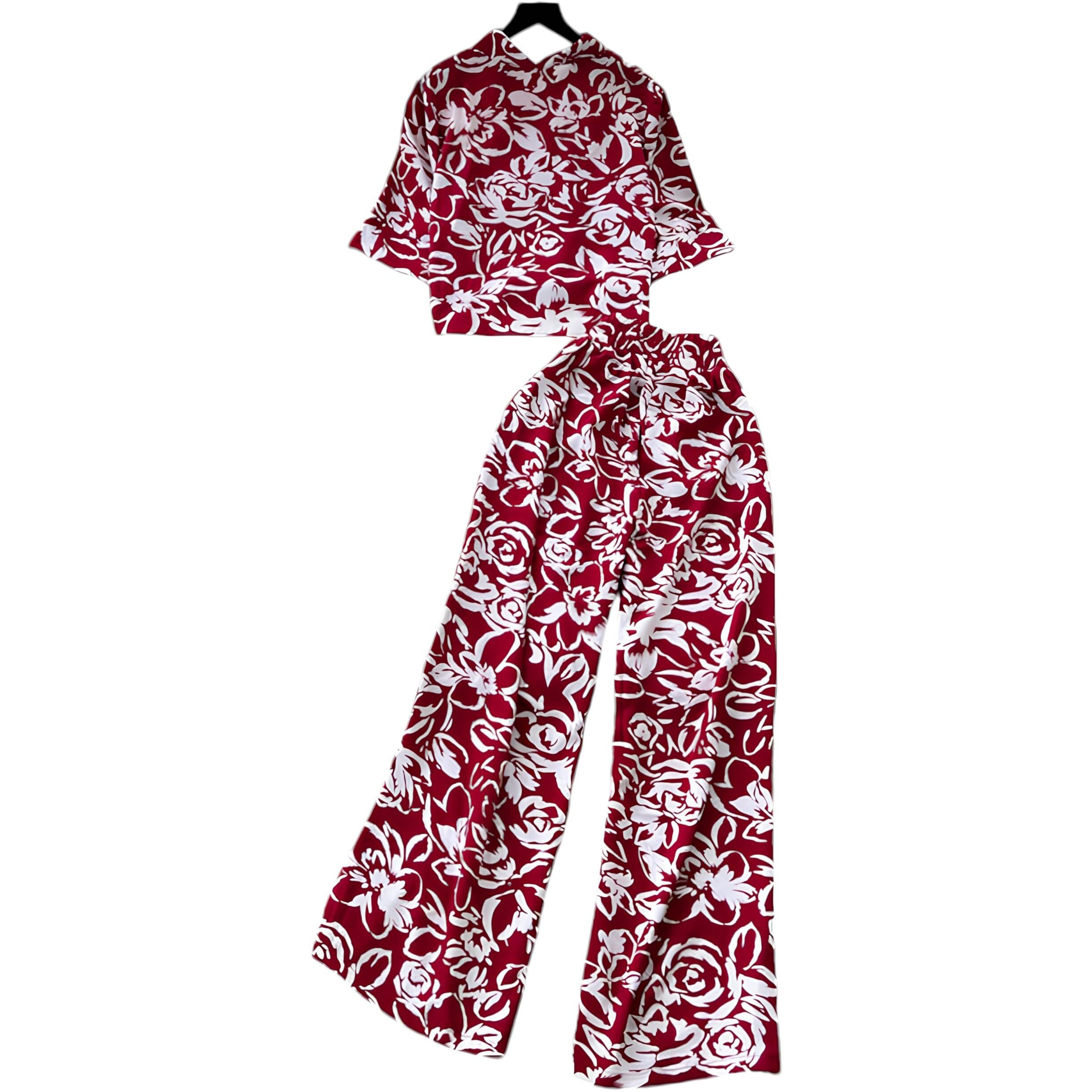 Gufrina Women For Co Ord Set|| Oversize Shirt|Shirt Collar Top| Flora Co-Ord Set For Women Print|Button-Down Casual Wear For Women| Wide-Leg Pants| Casual Wear For Women (Red L)