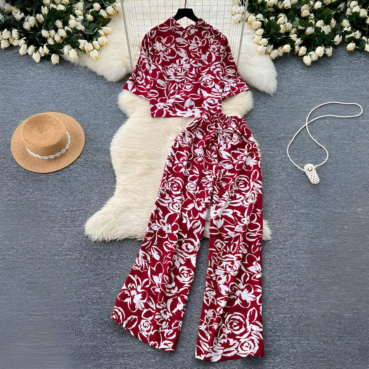 Gufrina Women For Co Ord Set|| Oversize Shirt|Shirt Collar Top| Flora Co-Ord Set For Women Print|Button-Down Casual Wear For Women| Wide-Leg Pants| Casual Wear For Women (Red L)
