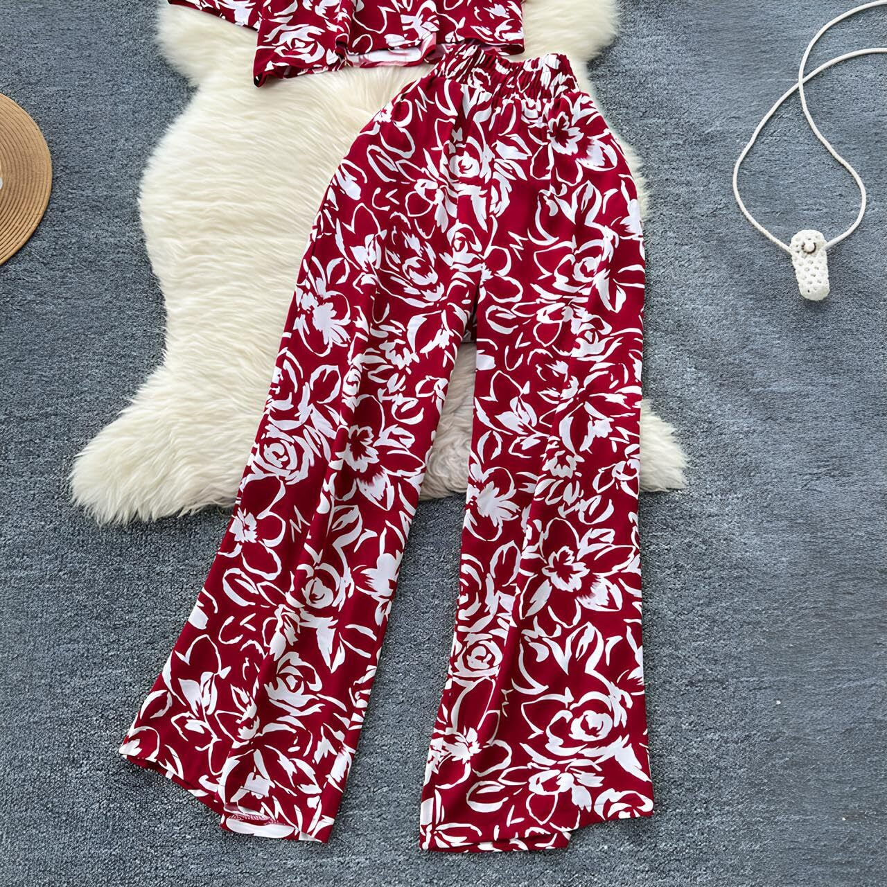 Gufrina Women For Co Ord Set|| Oversize Shirt|Shirt Collar Top| Flora Co-Ord Set For Women Print|Button-Down Casual Wear For Women| Wide-Leg Pants| Casual Wear For Women (Red L)