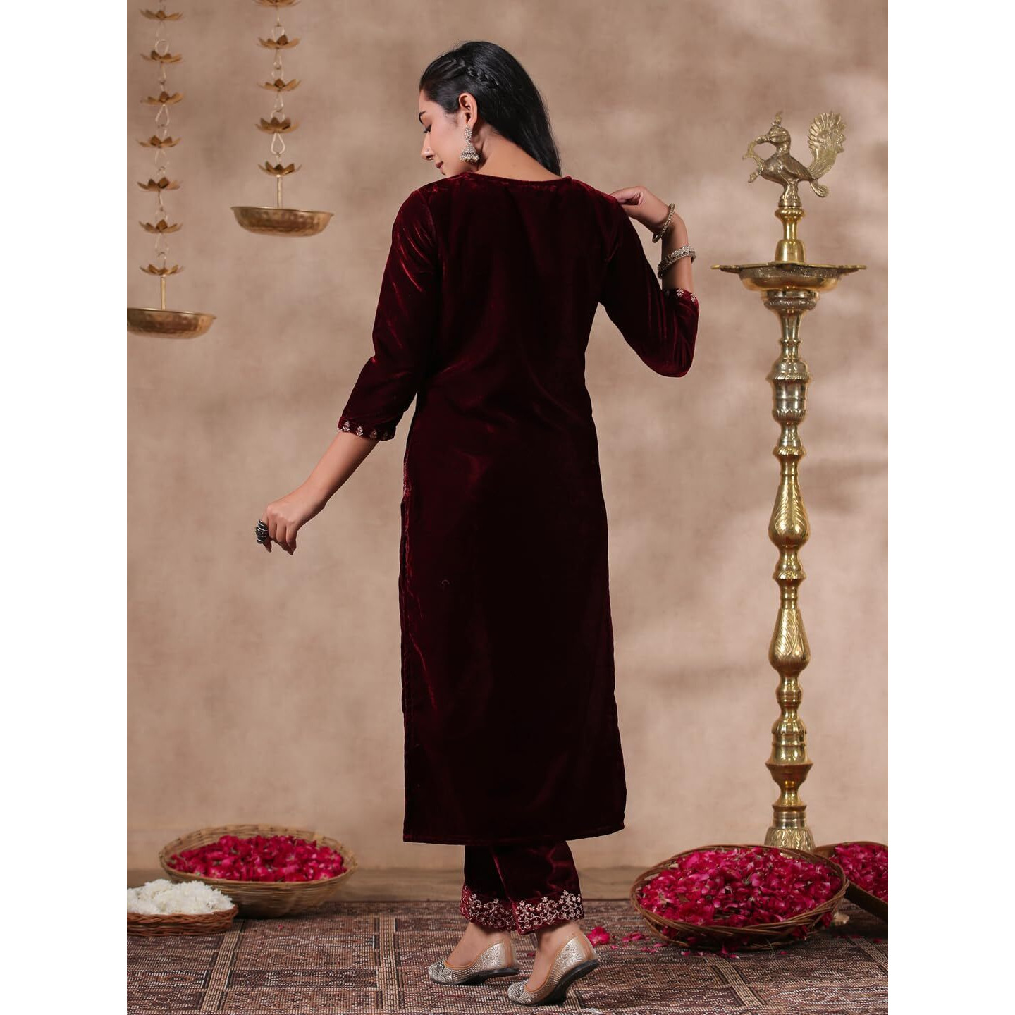 Ishin Women's Velvet Ethnic Motifs Zari Maroon Straight Kurta Suit Set With Trousers & Dupatta