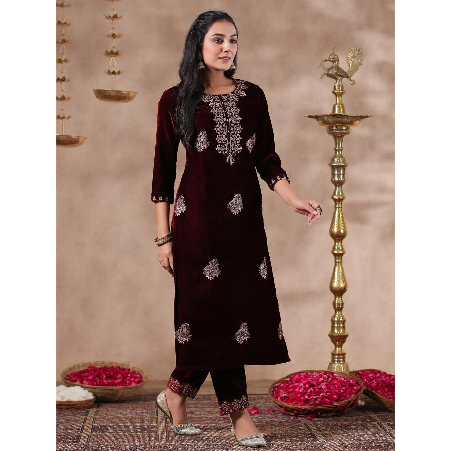 Ishin Women's Velvet Ethnic Motifs Zari Maroon Straight Kurta Suit Set With Trousers & Dupatta