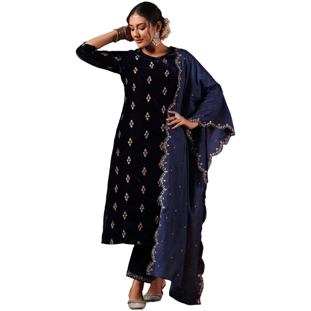 Ishin Women's Velvet Embroidered Navy Blue Straight Kurta Suit Set With Trousers And Dupatta
