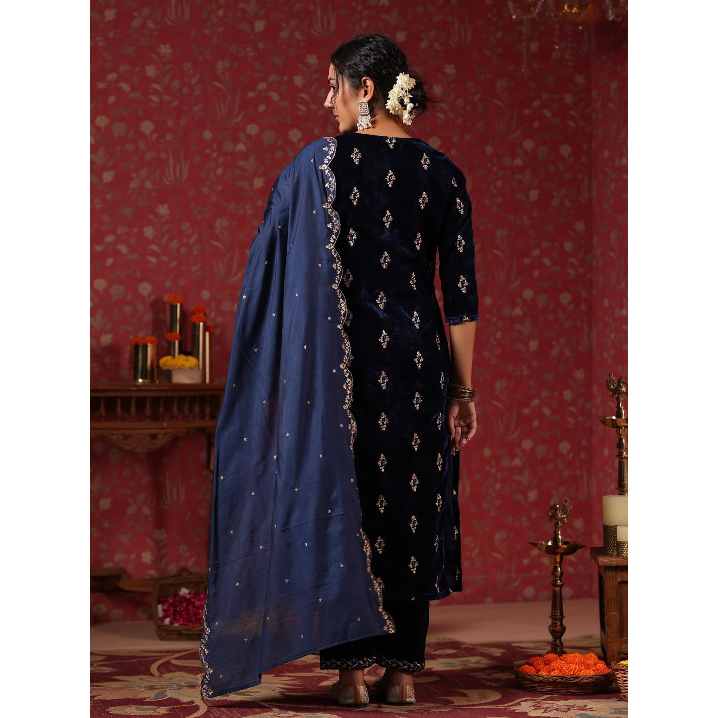 Ishin Women's Velvet Embroidered Navy Blue Straight Kurta Suit Set With Trousers And Dupatta