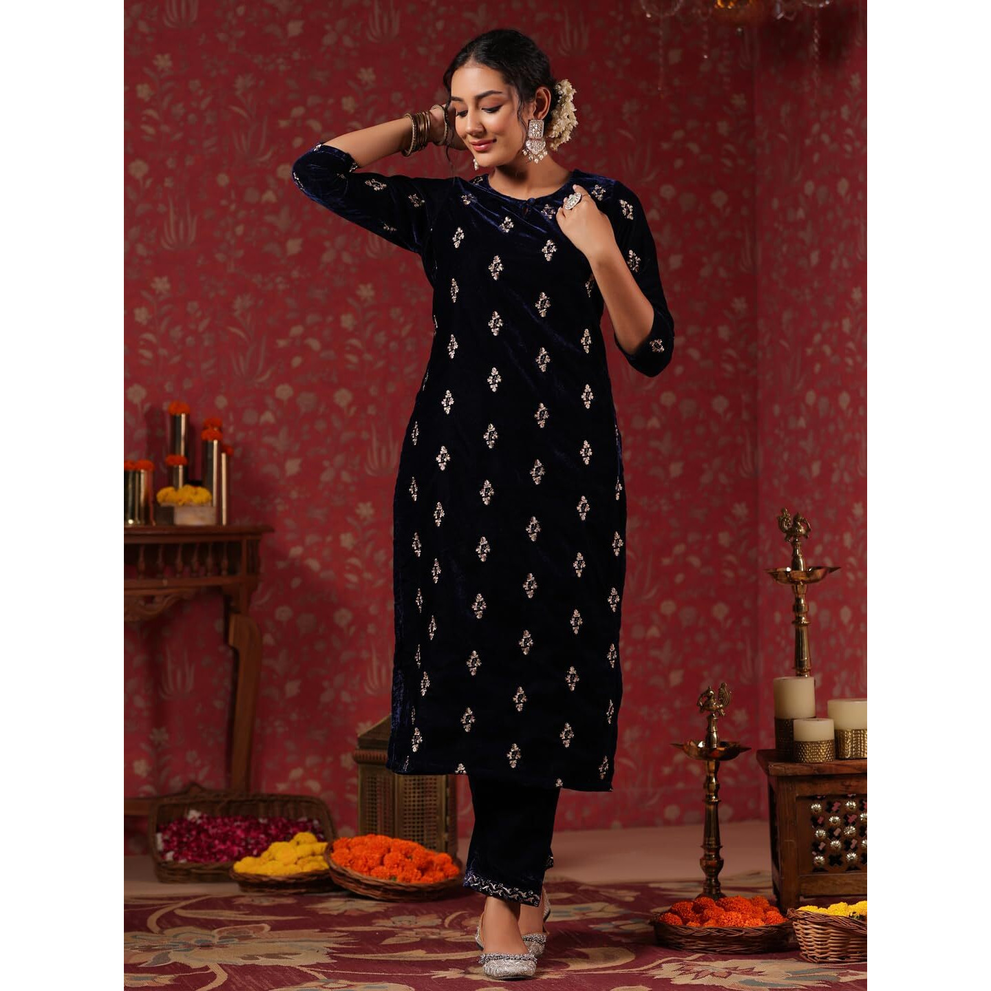 Ishin Women's Velvet Embroidered Navy Blue Straight Kurta Suit Set With Trousers And Dupatta