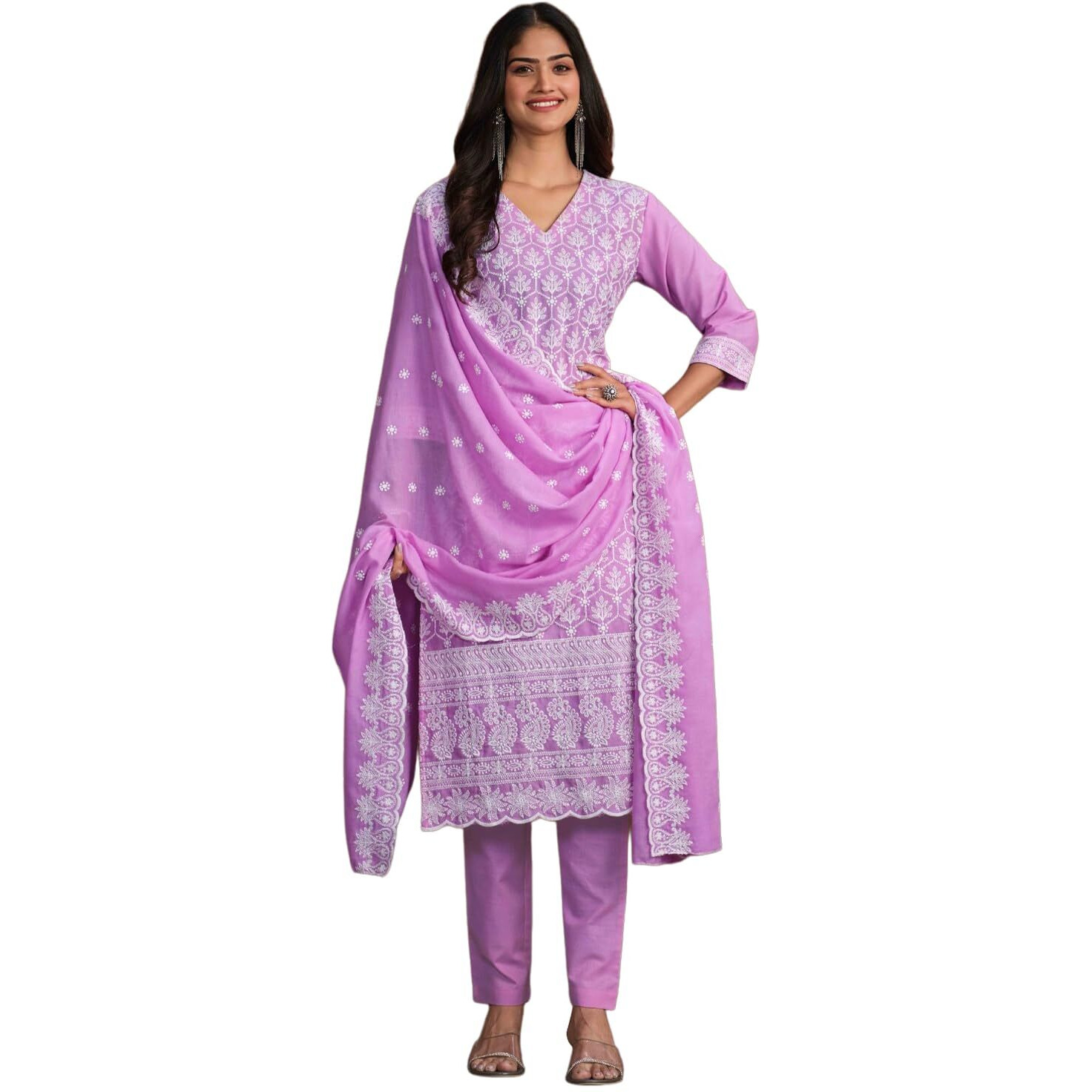 Ishin Women's Ethnic Lilac Embroidered Pure Cotton Kurta Set With Dupatta