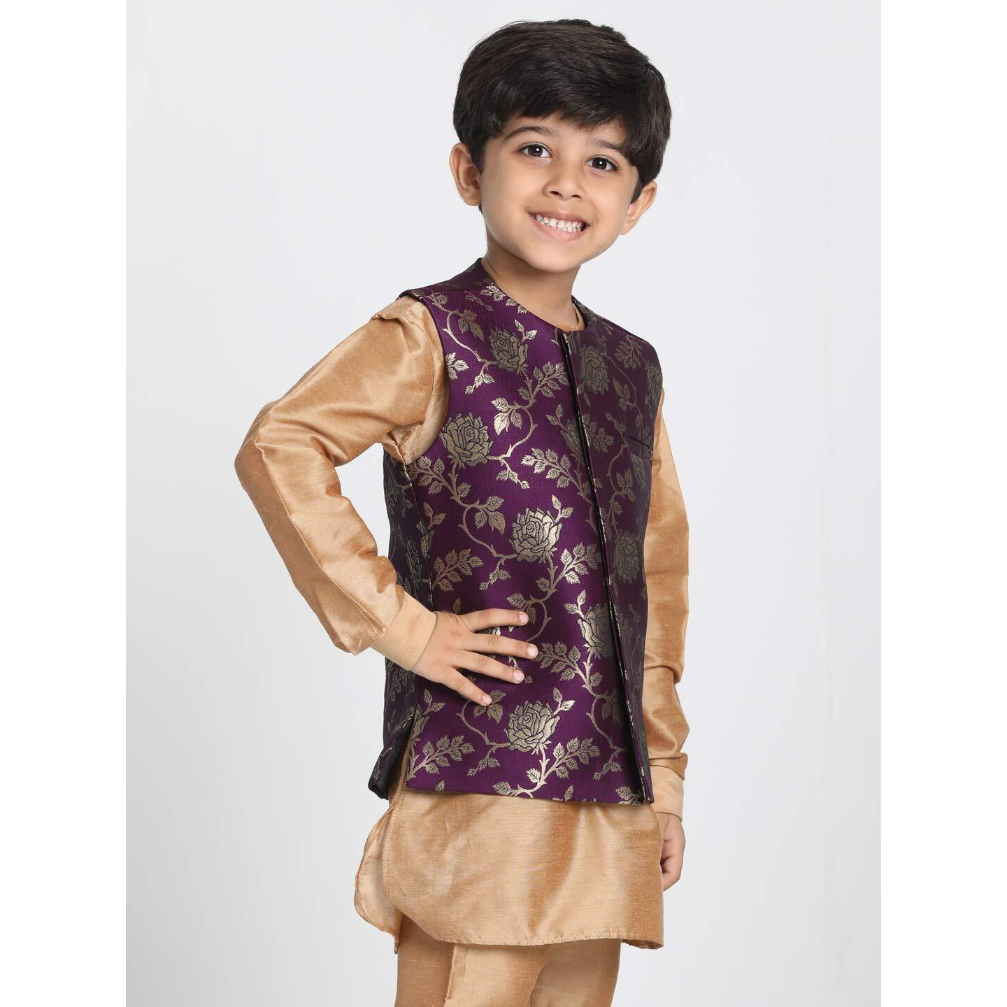 Jbn Creation Boys' Purple And Zari Gold Silk Blend Nehru Jacket_Jbnbj031Pu_34