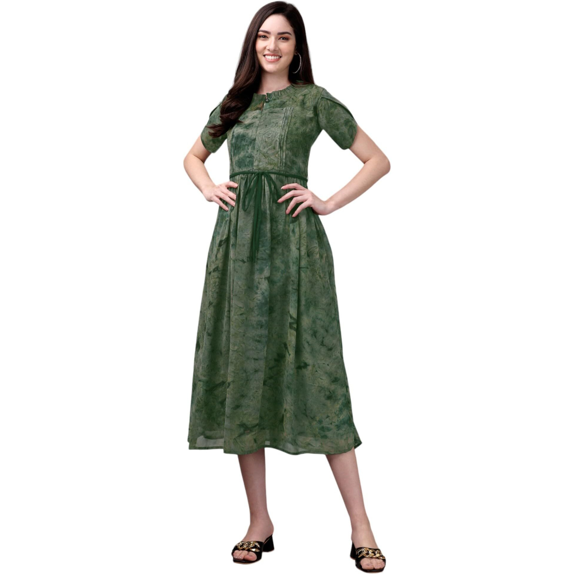 Gufrina Women's Half Sleeve Ruffle Neck & Tie-Up Dress - Elegant Midi Dress With Pleated Details (Green Xxl)