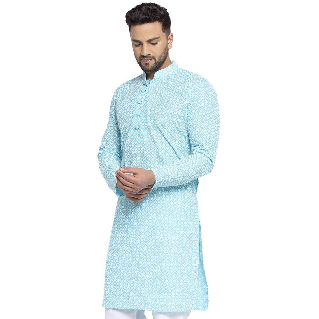 Jompers Men's Embroidered Pure Cotton Kurta. (Sky,M)