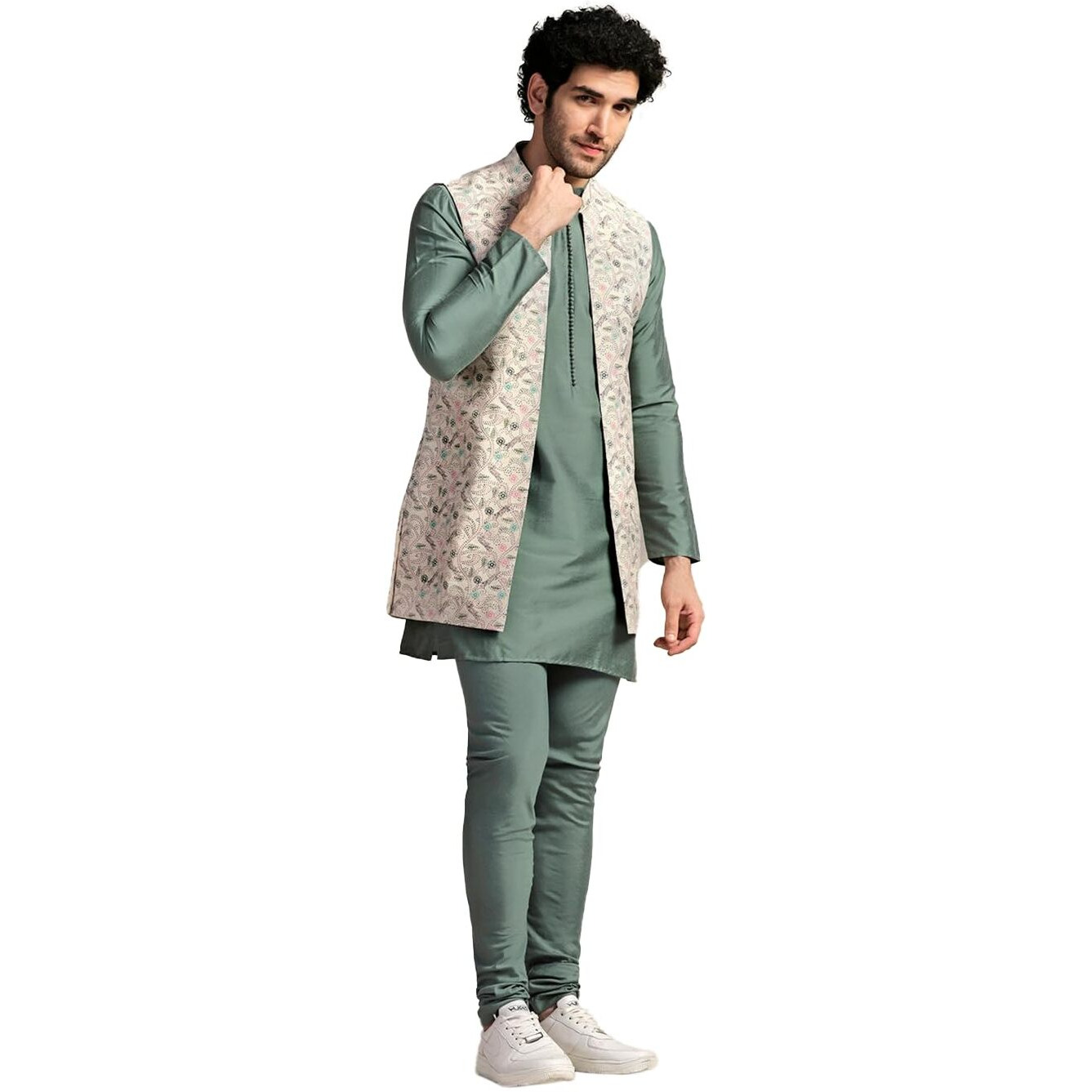 Kisah Men's Kurta Jacket Churidar Set, Multi Cotton Blend, Printed Regular Fit Mandarin Collar Full Sleeves Multicolour|40