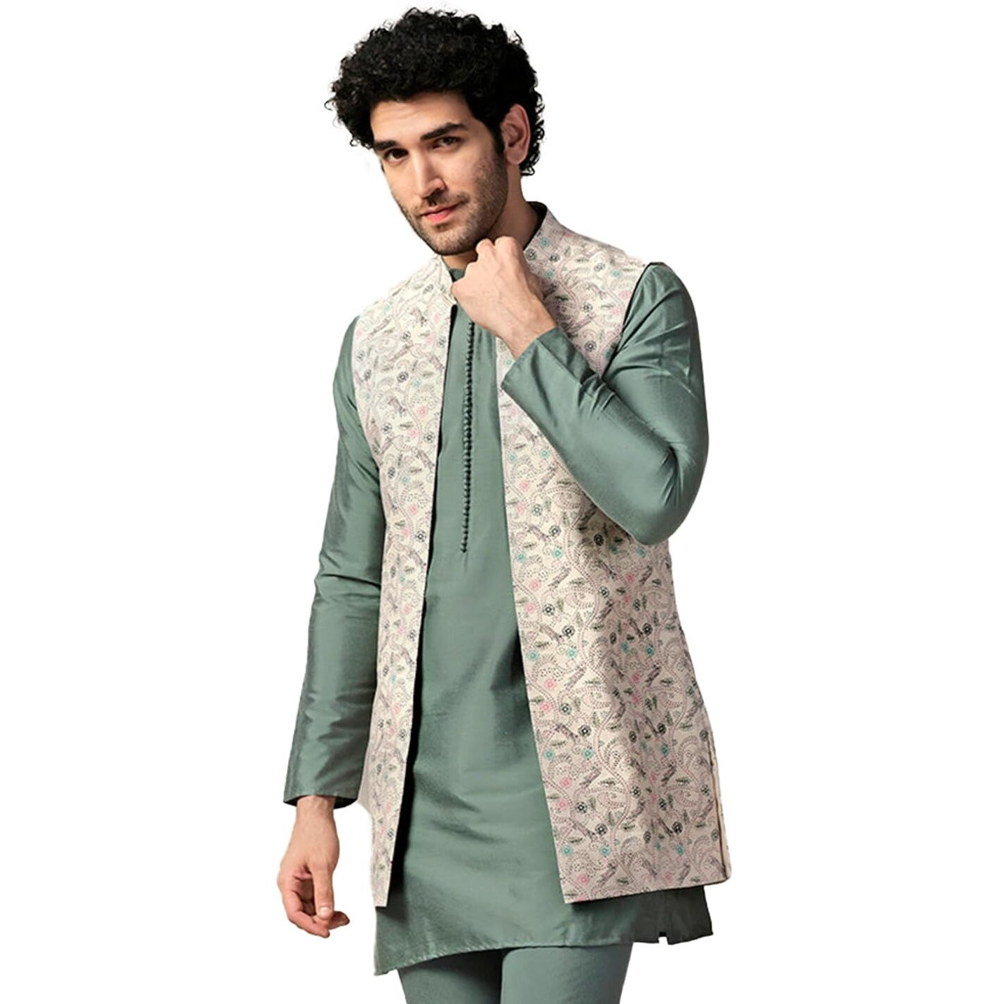 Kisah Men's Kurta Jacket Churidar Set, Multi Cotton Blend, Printed Regular Fit Mandarin Collar Full Sleeves Multicolour|40