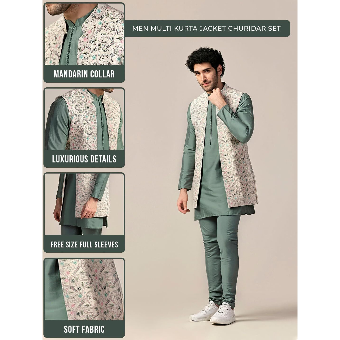 Kisah Men's Kurta Jacket Churidar Set, Multi Cotton Blend, Printed Regular Fit Mandarin Collar Full Sleeves Multicolour|40