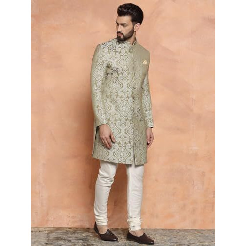 Kisah Sherwani For Men Wedding  Embroidered Indo Western Sherwani With Churidar | Designer Ethnic Outfit For Groom & Festivals, Olive, 42