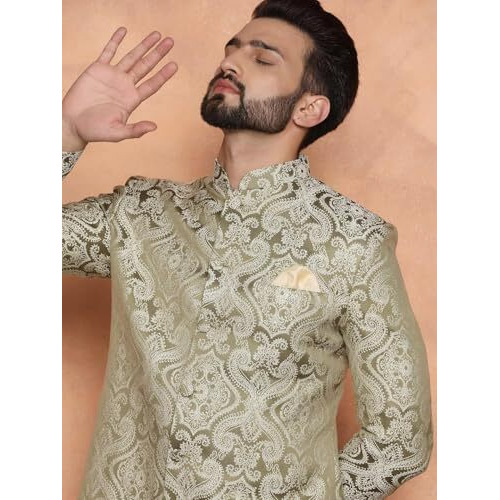 Kisah Sherwani For Men Wedding  Embroidered Indo Western Sherwani With Churidar | Designer Ethnic Outfit For Groom & Festivals, Olive, 42