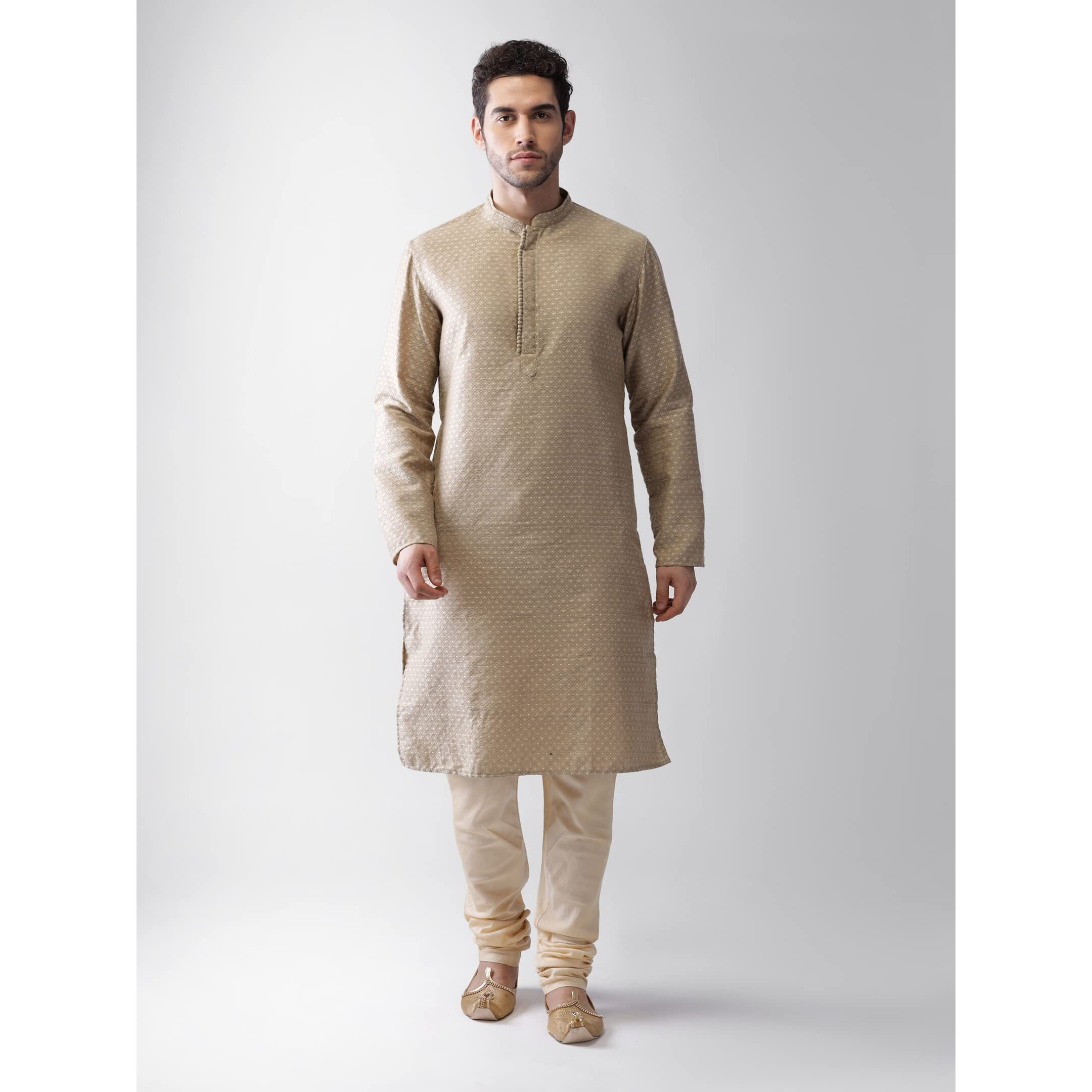 Kisah Mens Printed Silk Blend Jacquard Kurta - Traditional Ethnic Wear Kurta For Men For Weddings & Festivals, Beige, 42