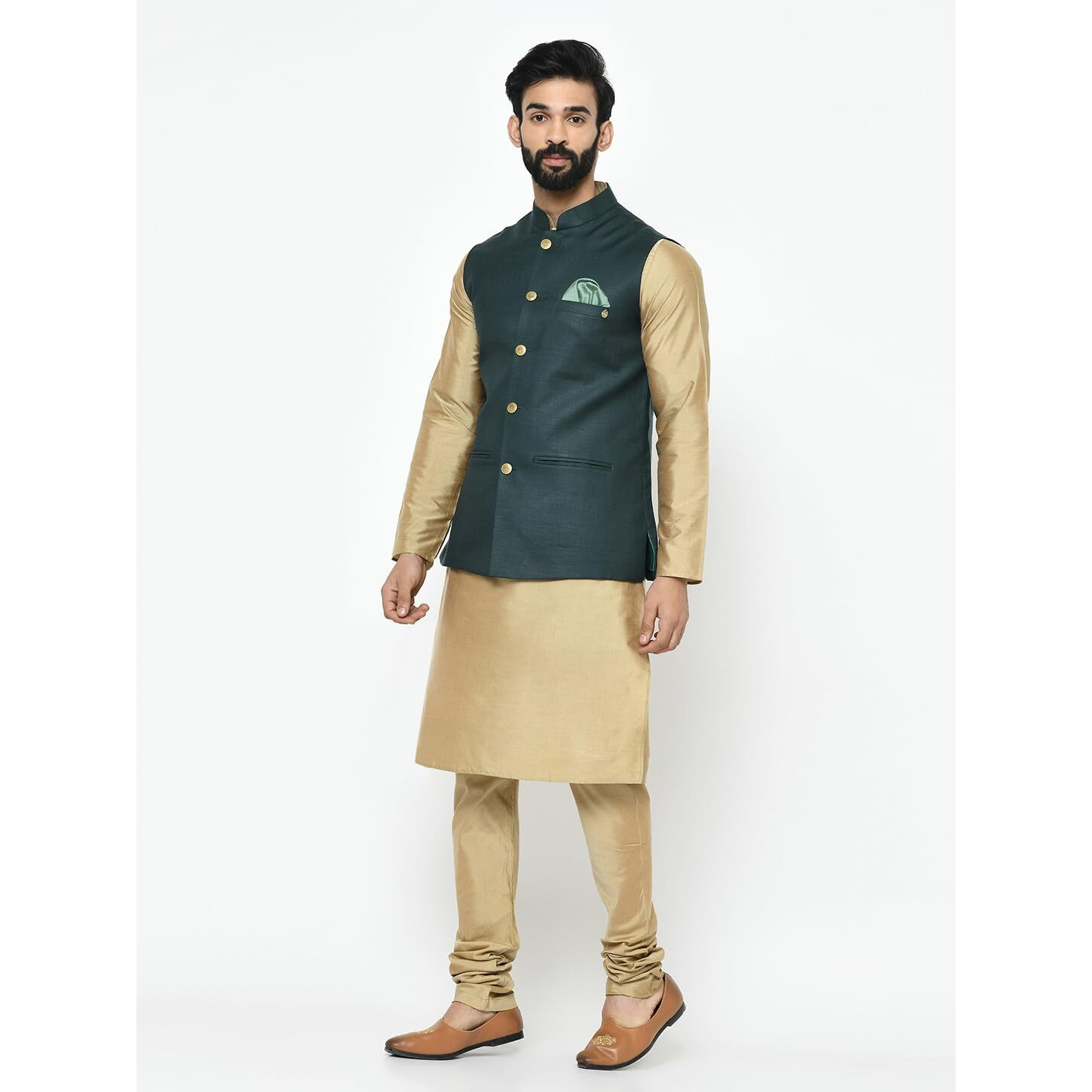 Kisah Men's Kurta Jacket Churidar Set, Green Cotton Blend, Solid Regular Fit Mandarin Collar Long Sleeves (Xl)