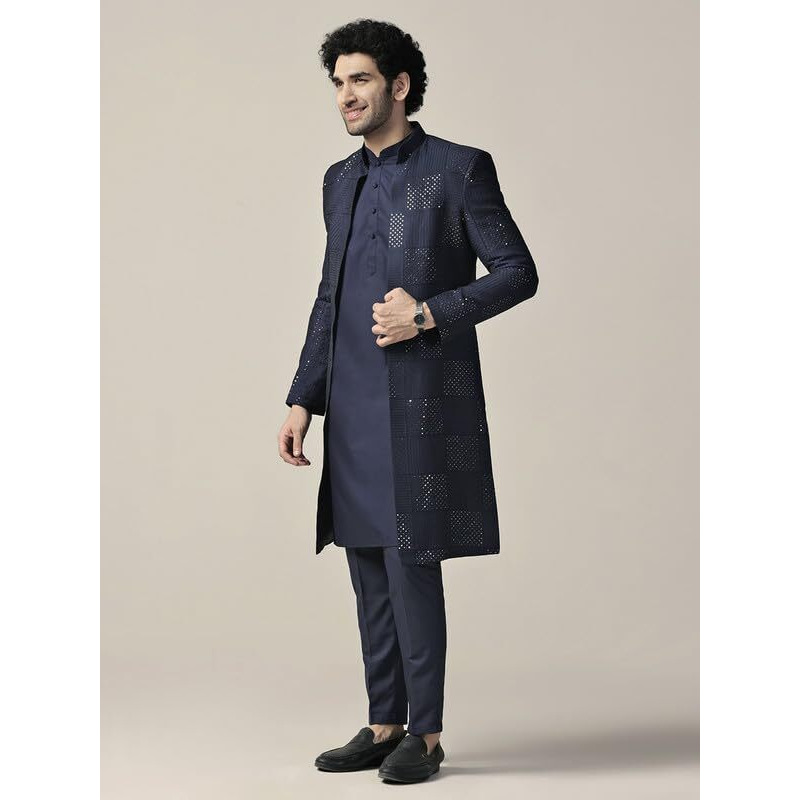 Kisah Sherwani Set For Men  Silk Blend Textured Indo Western Sherwani With Kurta And Trouser | Designer Ethnic Outfit For Weddings & Festivals, Blue, 38