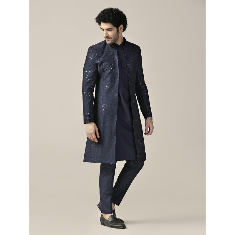 Kisah Sherwani Set For Men  Silk Blend Textured Indo Western Sherwani With Kurta And Trouser | Designer Ethnic Outfit For Weddings & Festivals, Blue, 38