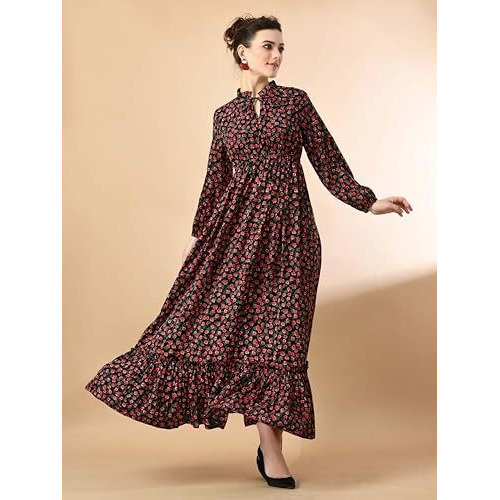 Kzully Women's Crepe A-Line Maxi Dress (8001-Red-Small-Flower-Xl_Red