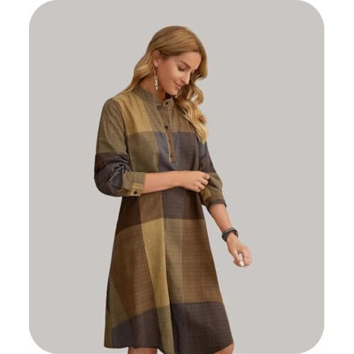 Leriya Fashion Western Dress || Rayon Color Block Half Button Front Dress For Women || Long Cuff Sleeve & Stand Collared Neck Tunic Dress || Office || Summer Dresses For Women. (Small, Mustard)