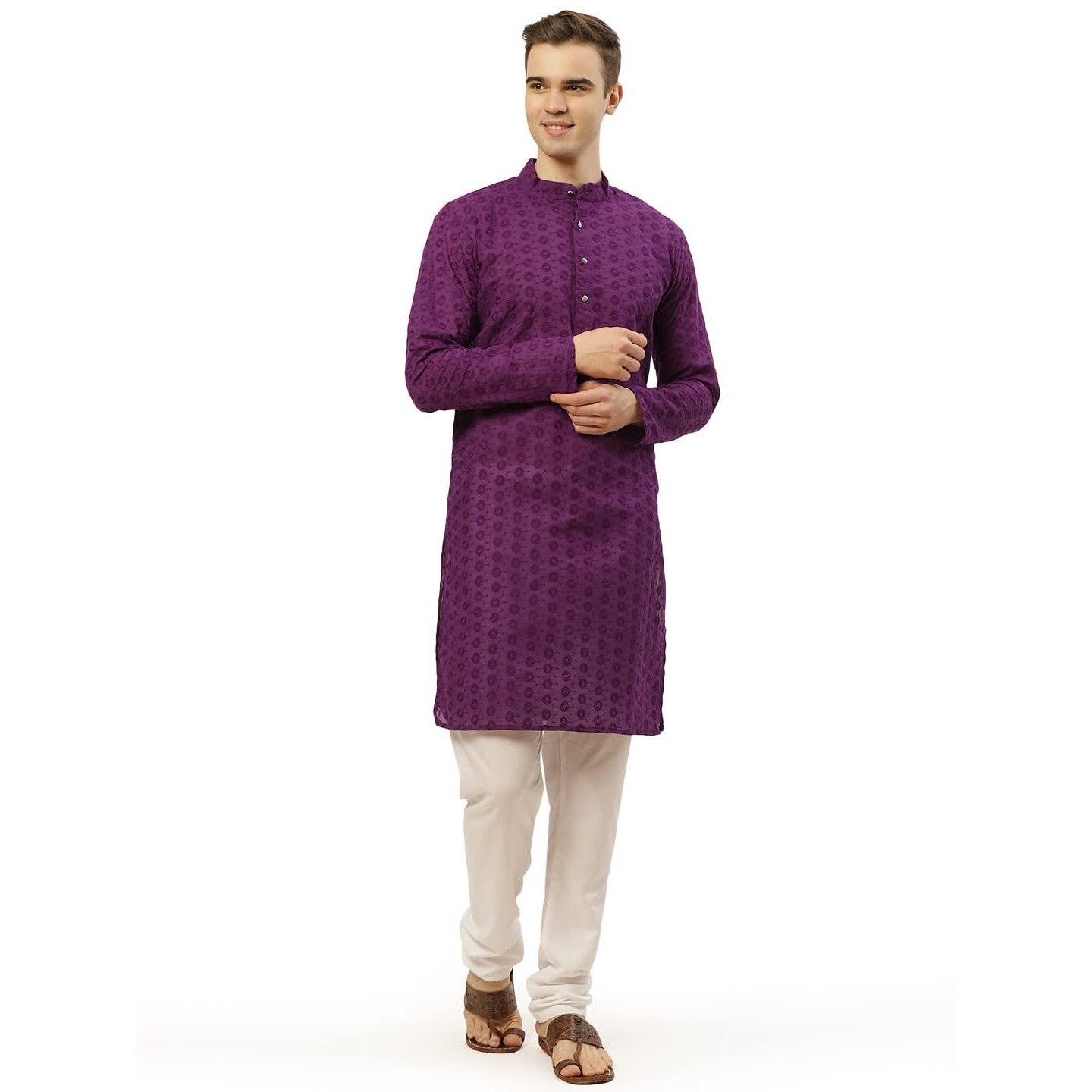 Jompers Men's Purple Embroidered Straight Kurta Pyjama Set. (Purple, Xxl)