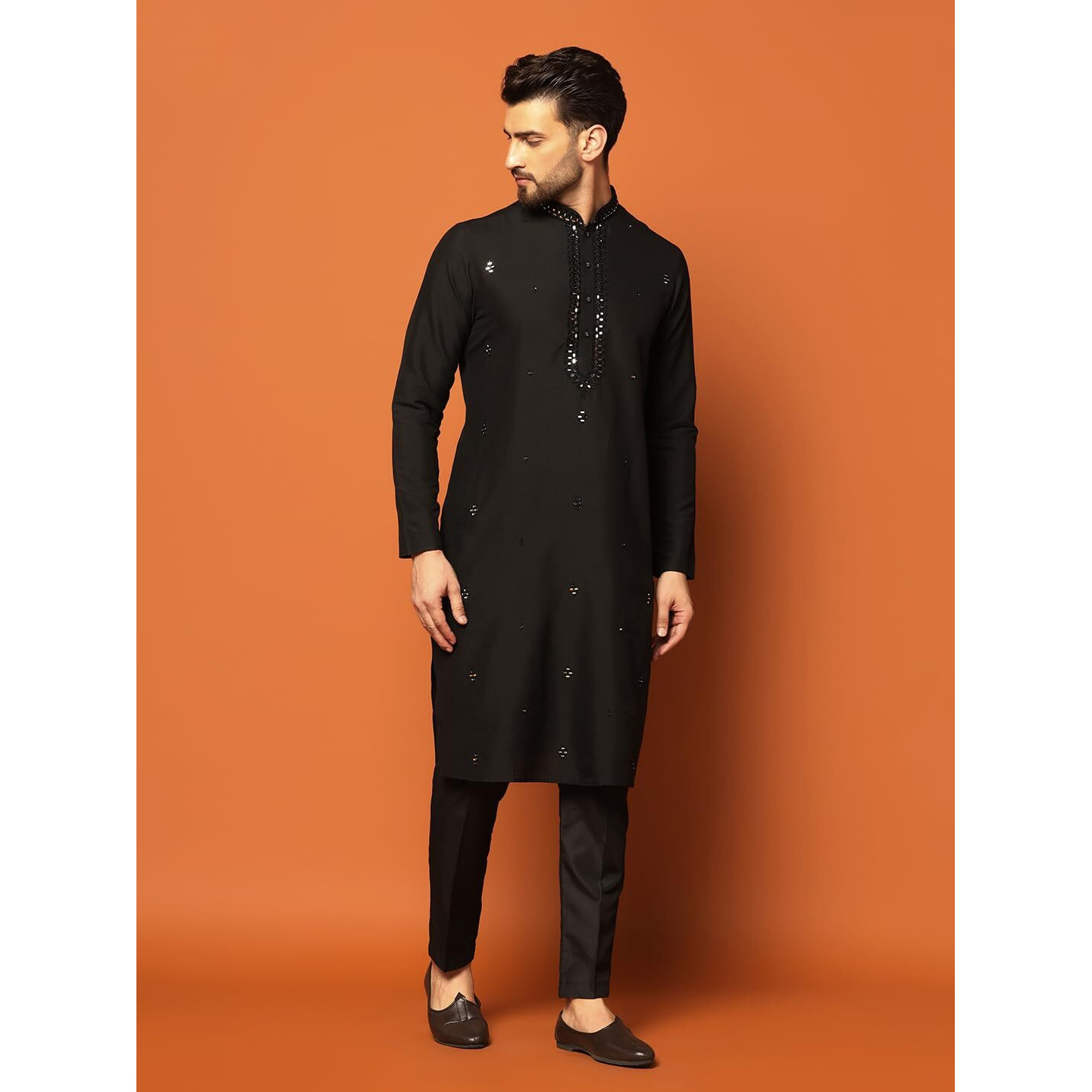 Kisah Men's Black Kurta Trouser Set Cotton, Full Sleaves, Knee Length, Straight, Regular Fit, Mandarin Collar Ethnic Wear
