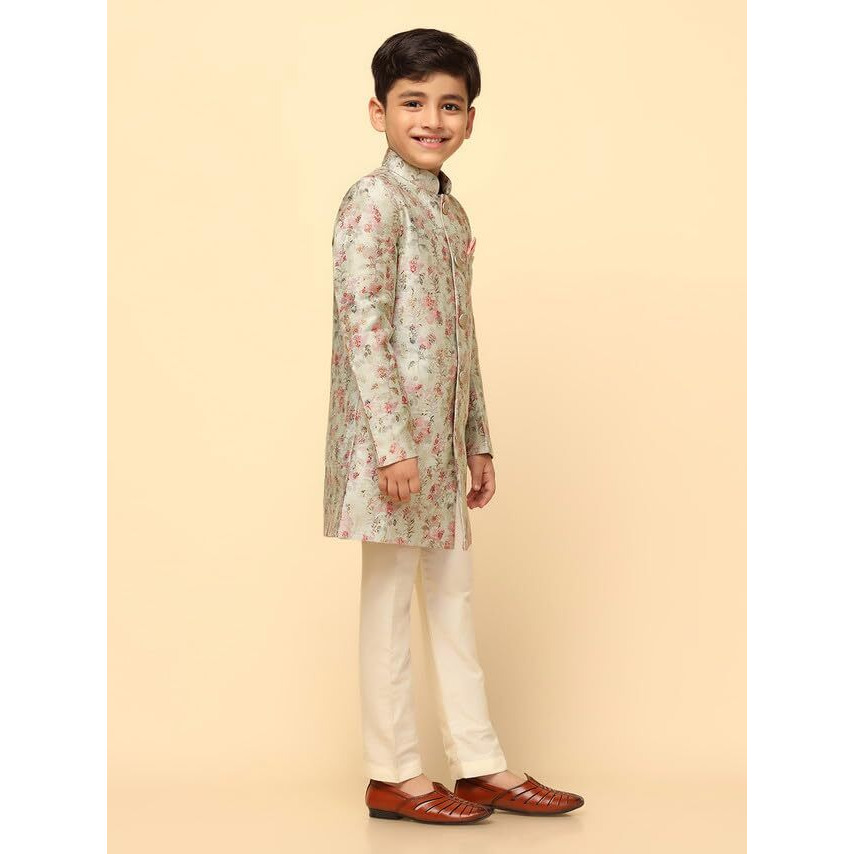 Kisah Boys Sherwani Set Indo-Western Silk Blend Jacquard Design Indo-Western Sherwani Pajama Set For Kids, Green, 7-8 Years