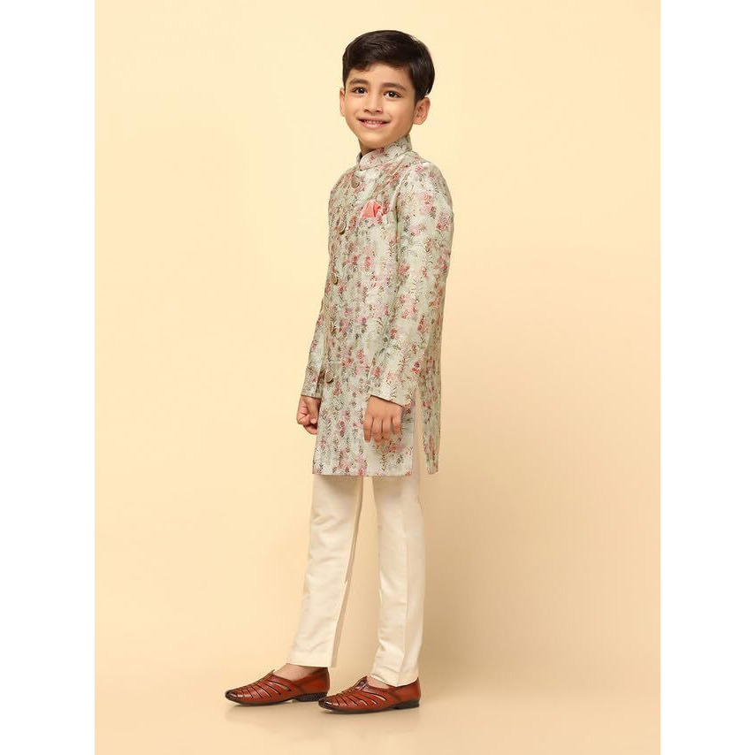 Kisah Boys Sherwani Set Indo-Western Silk Blend Jacquard Design Indo-Western Sherwani Pajama Set For Kids, Green, 7-8 Years