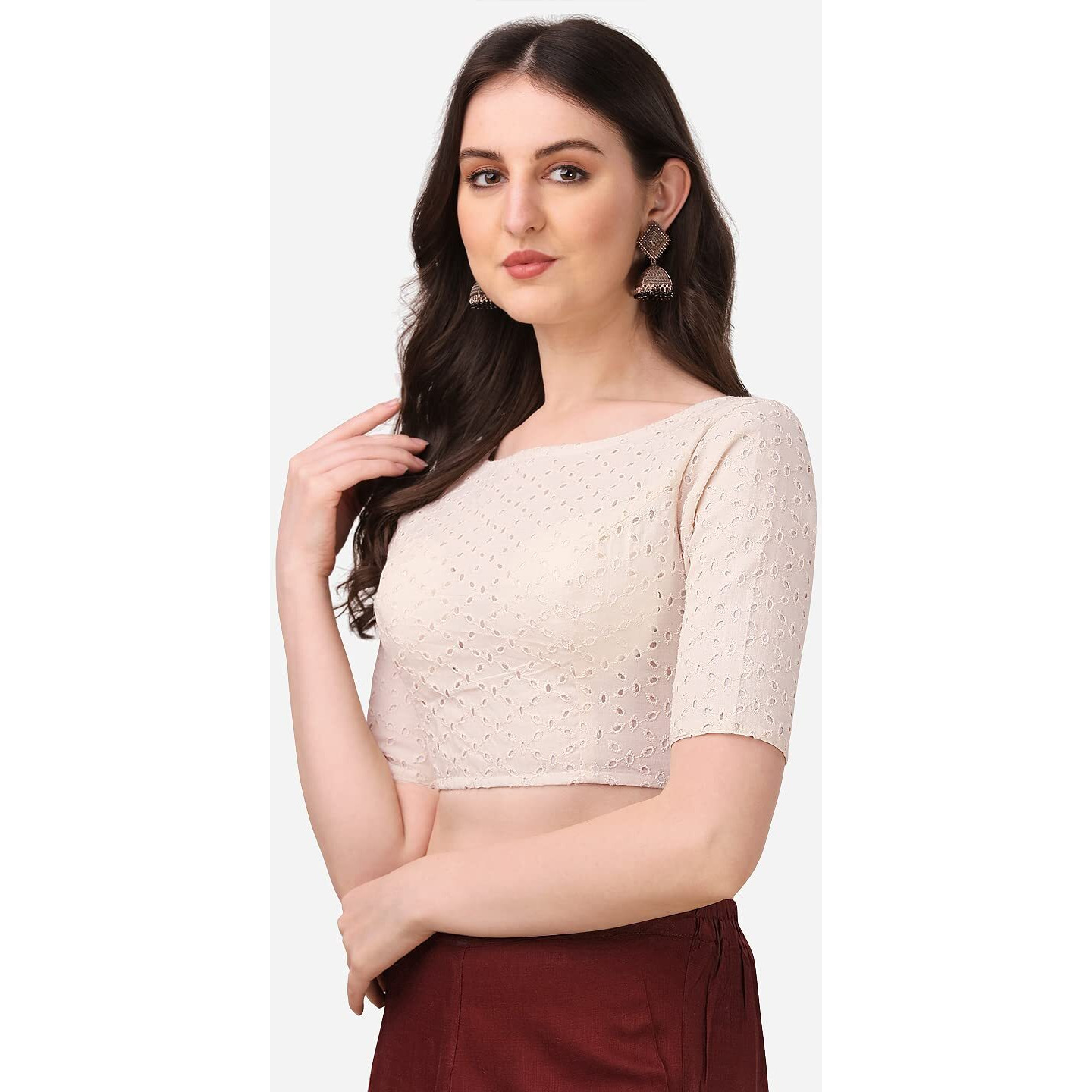 Oomph Traditional Cotton Fabric Blouse For Women | Round Neck., Elbow Length Sleeves | Wedding & Festival Wear | Comfortable & Trendy Ethnic Wear | Readymade Blouse For Saree & Lehenga