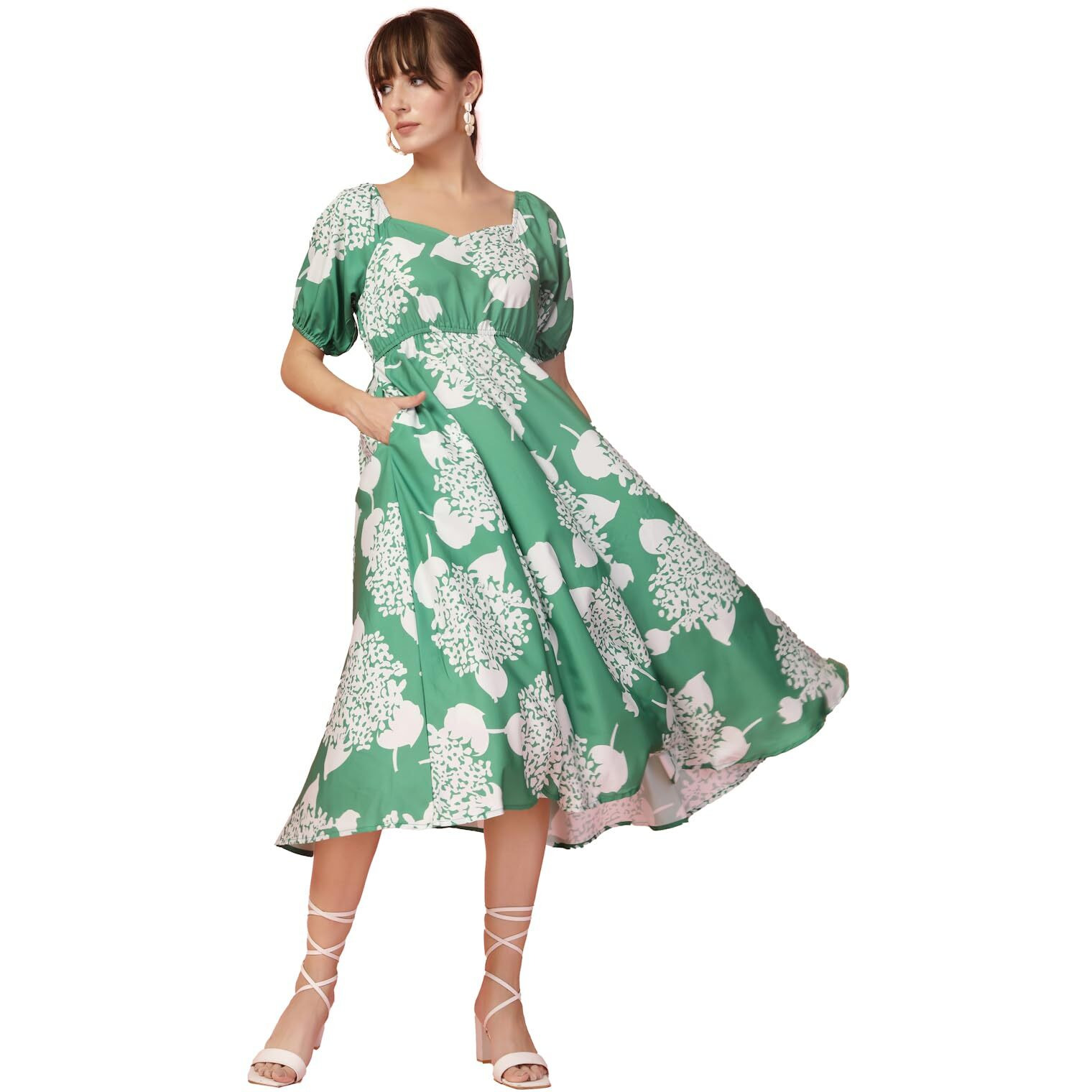 Oomph Flared Dress For Women Stylish | Long One Piece For Women | Puff Sleeve Long Dress | Floral Print Maxi One Piece | Western & Fusion Wear