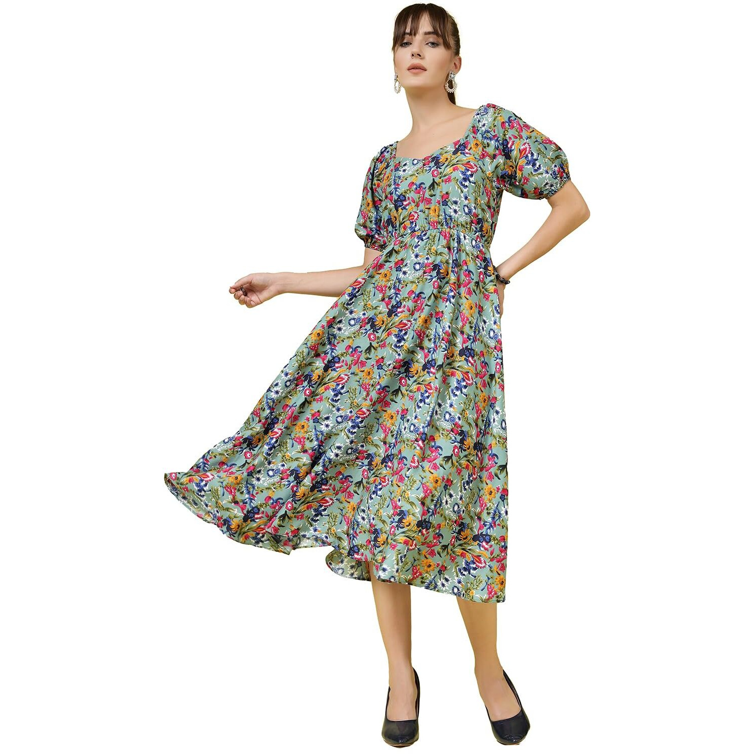 Oomph Flared Dress For Women Stylish | Long One Piece For Women | Puff Sleeve Long Dress | Floral Print Maxi One Piece | Western & Fusion Wear