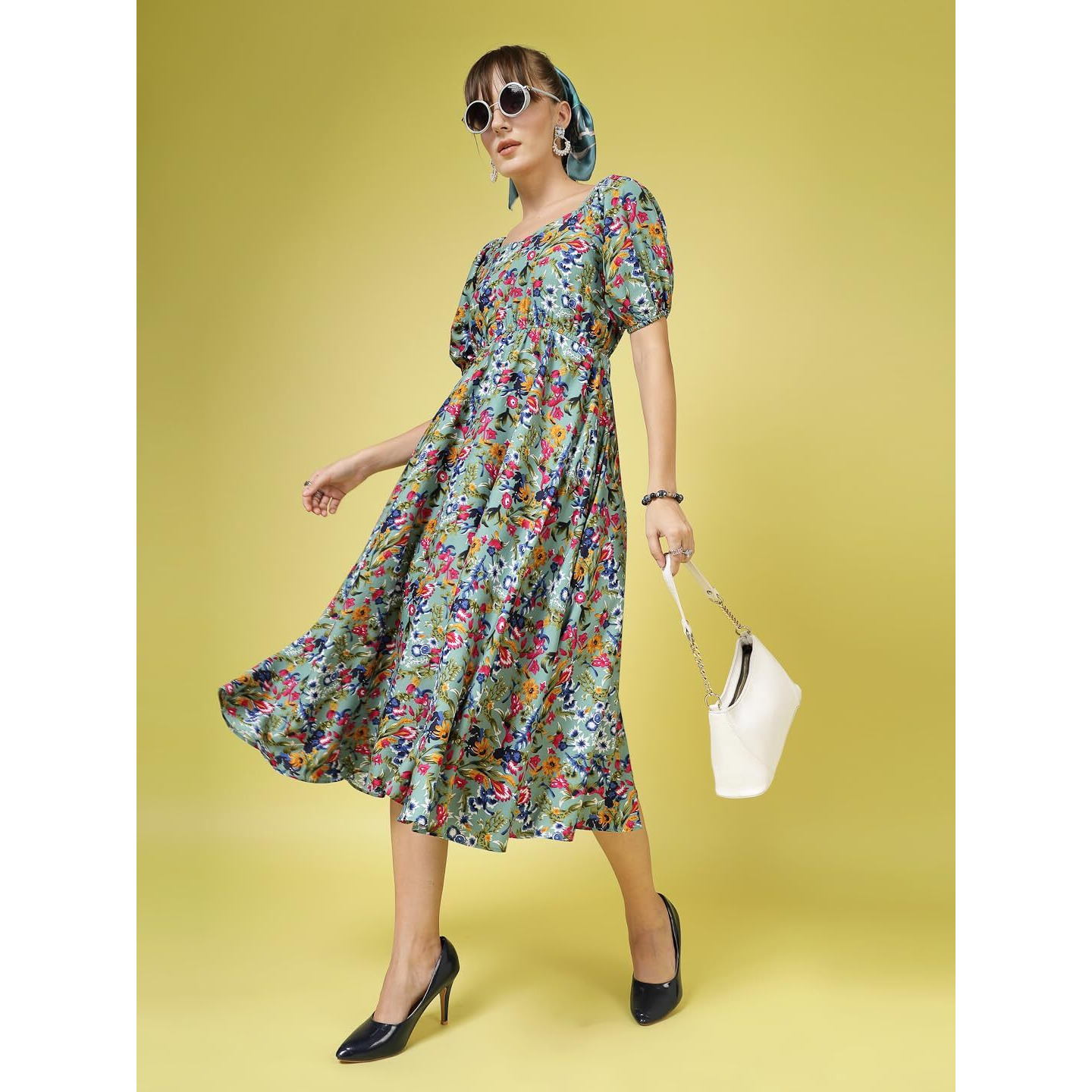Oomph Flared Dress For Women Stylish | Long One Piece For Women | Puff Sleeve Long Dress | Floral Print Maxi One Piece | Western & Fusion Wear
