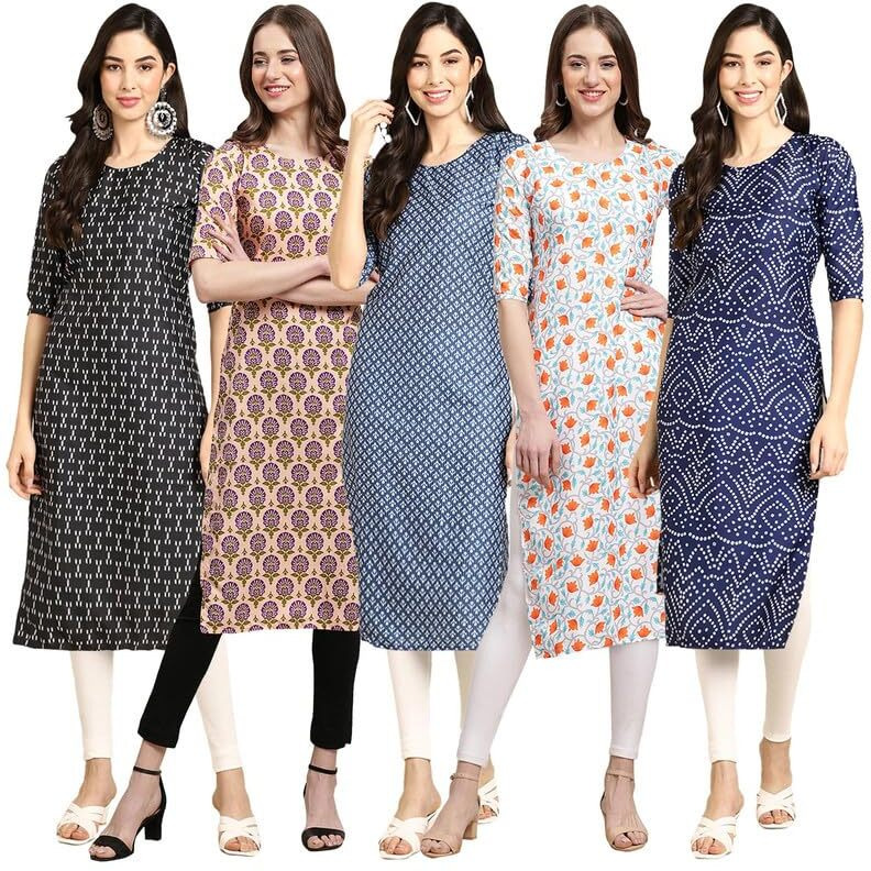 Pinkmint Elegant Printed Crepe Kurti's For Women's (Pack Of 5)