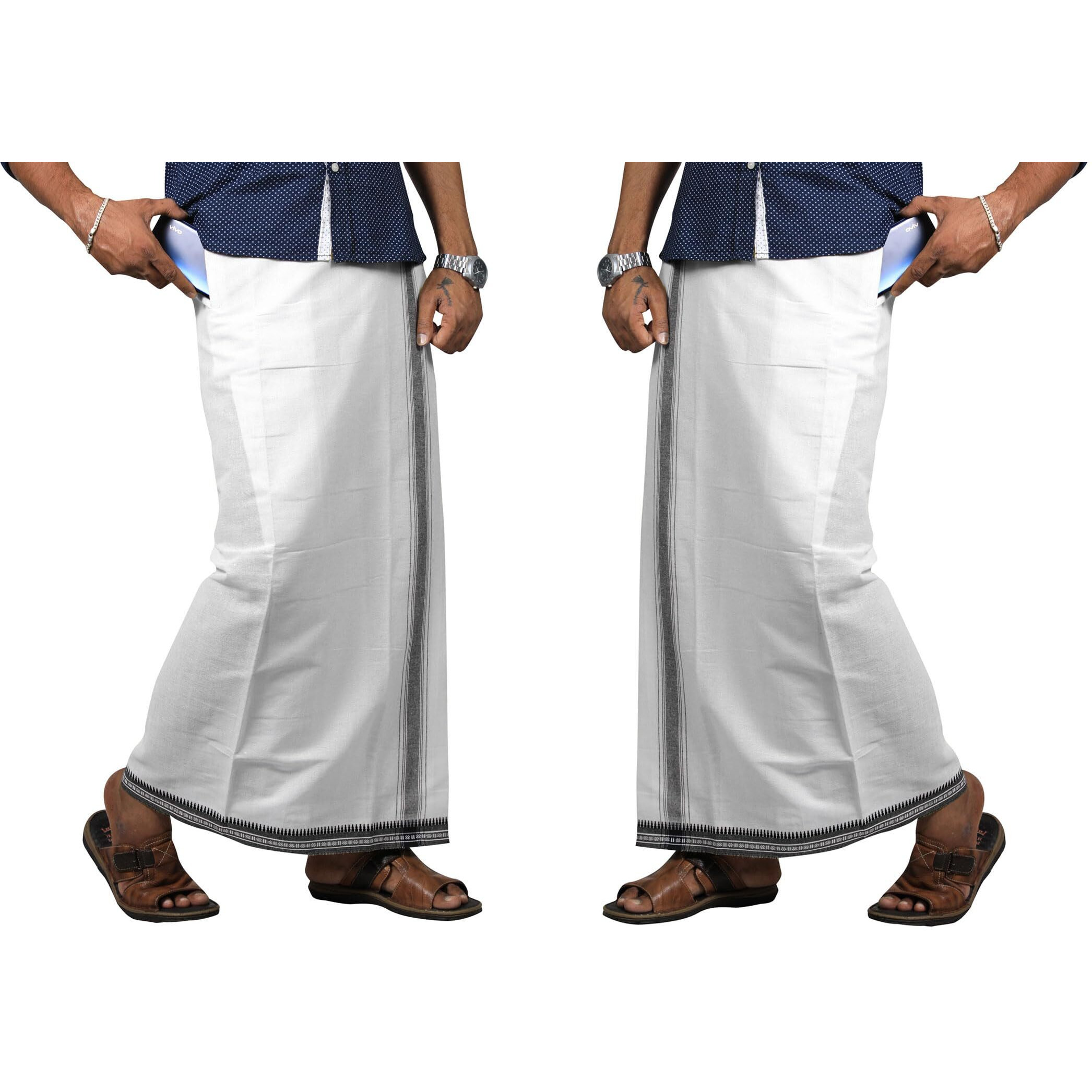 Prakasam Cotton Mens Kerala Thalapathi Border 2Way Pocket (Right &Left Side) Flexi Size (Adjustable) Colour Dhoti With 2 Side Pocket (Large,White)