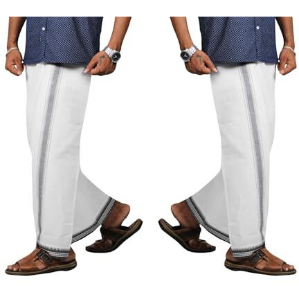 Prakasam Cotton Mens Kerala Thalapathi Border 2Way Pocket (Right &Left Side) Flexi Size (Adjustable) Colour Dhoti With 2 Side Pocket (Large,White)