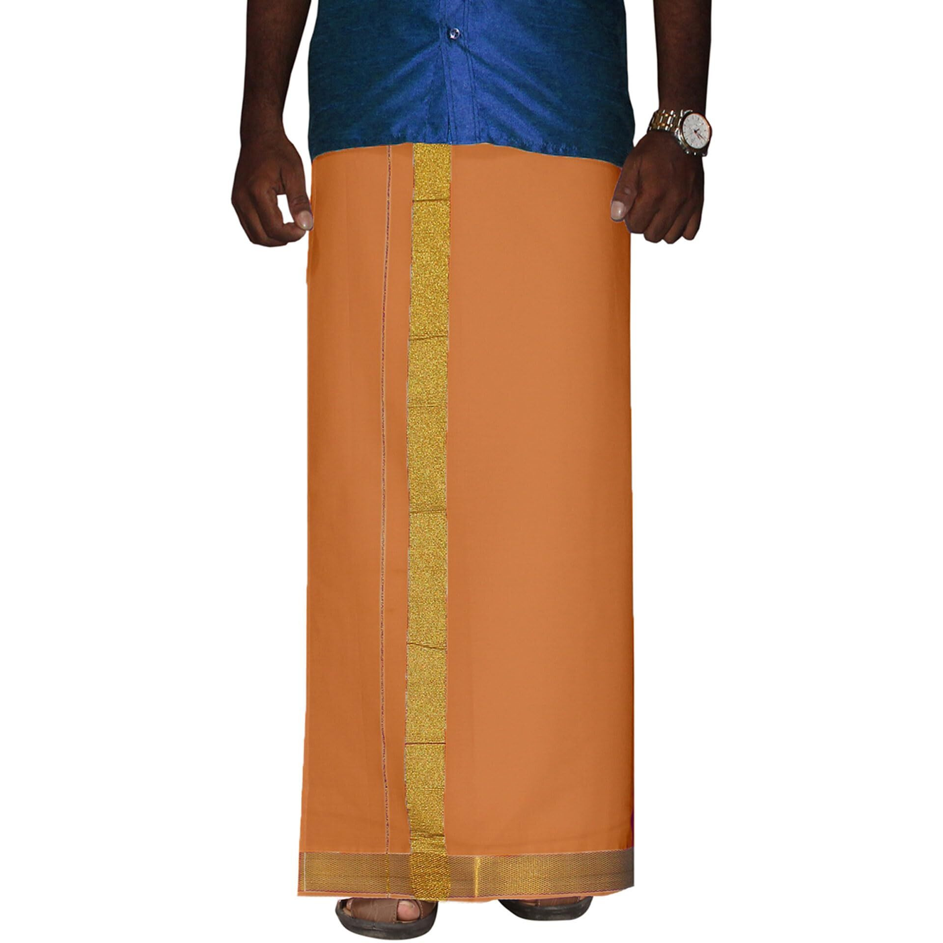 Prakasam Cotton Men's Kaavi Colour 2 Inch Gold Jari Border Welcro Pocket Dhoti/Size Hip -46 Inches- Length- 42 Inches