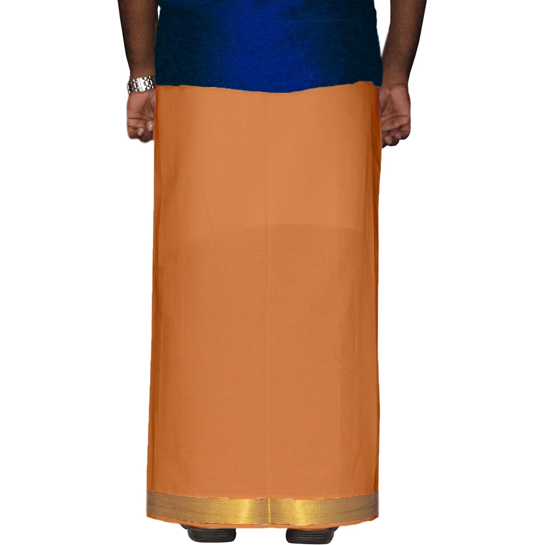 Prakasam Cotton Men's Kaavi Colour 2 Inch Gold Jari Border Welcro Pocket Dhoti/Size Hip -46 Inches- Length- 42 Inches