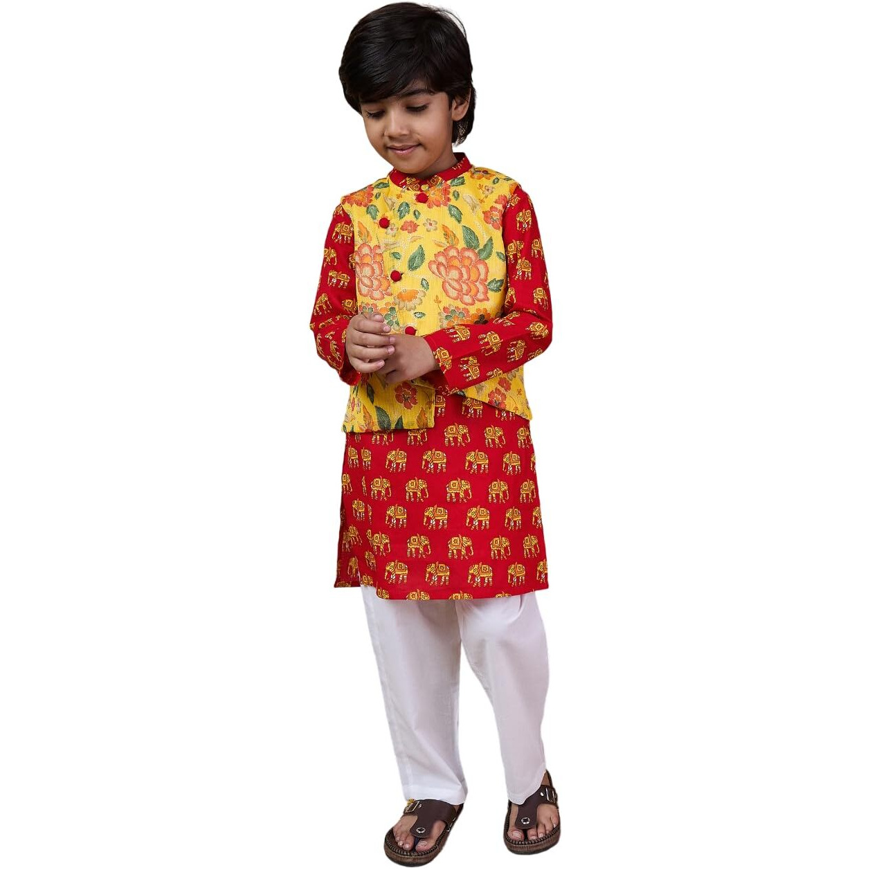 Pspeaches Boys Mandarin Collar Animal Printed Regular Kurta With Pyjamas (10-12Years)