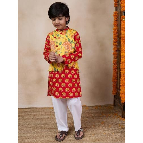 Pspeaches Boys Mandarin Collar Animal Printed Regular Kurta With Pyjamas (10-12Years)