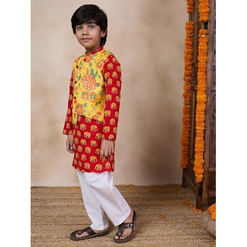 Pspeaches Boys Mandarin Collar Animal Printed Regular Kurta With Pyjamas (10-12Years)