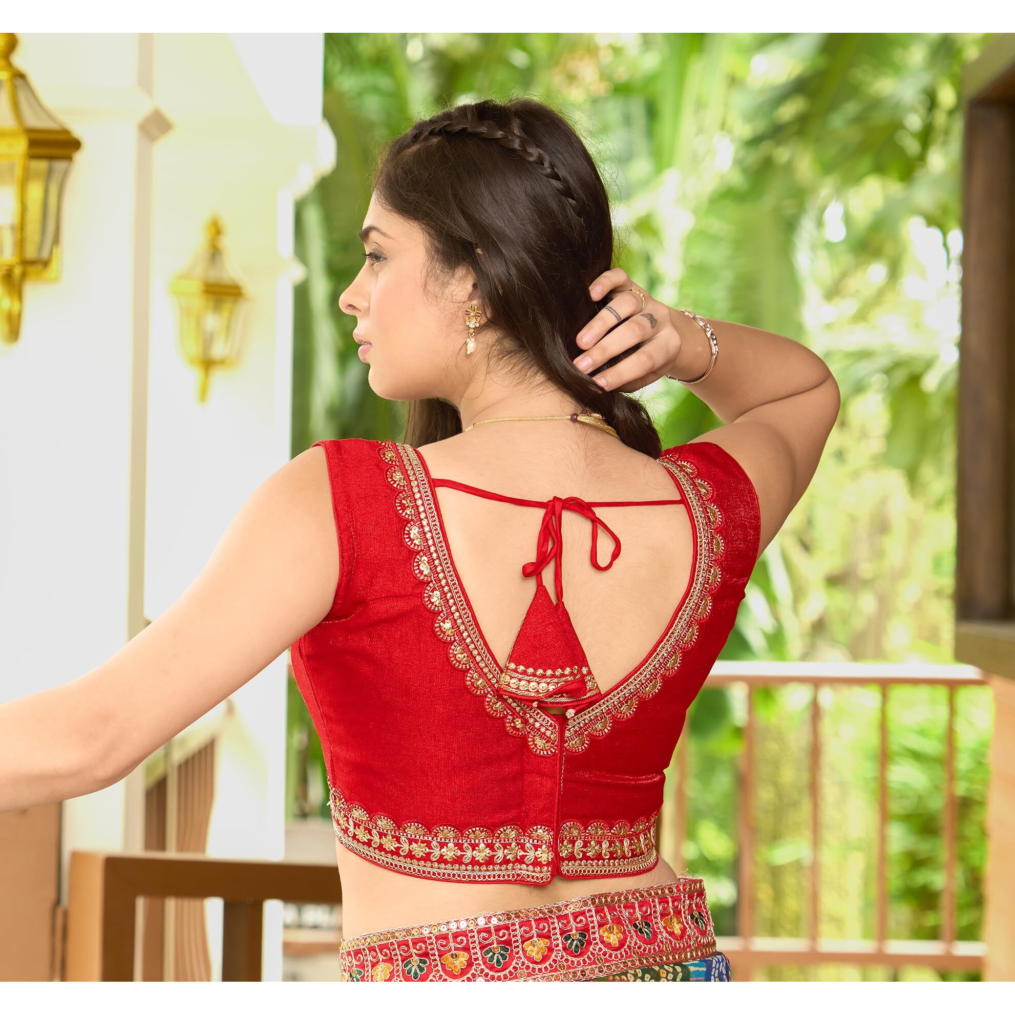 Pujia Mills Women's Heavy Milan Silk Sequin Embroidered V Neck Sleeveless Readymade Saree Blouse Indian Ethnic Designer Stitched Readymade Sequence Saree Blouse Sleeveless Red Blouse For Women, 32