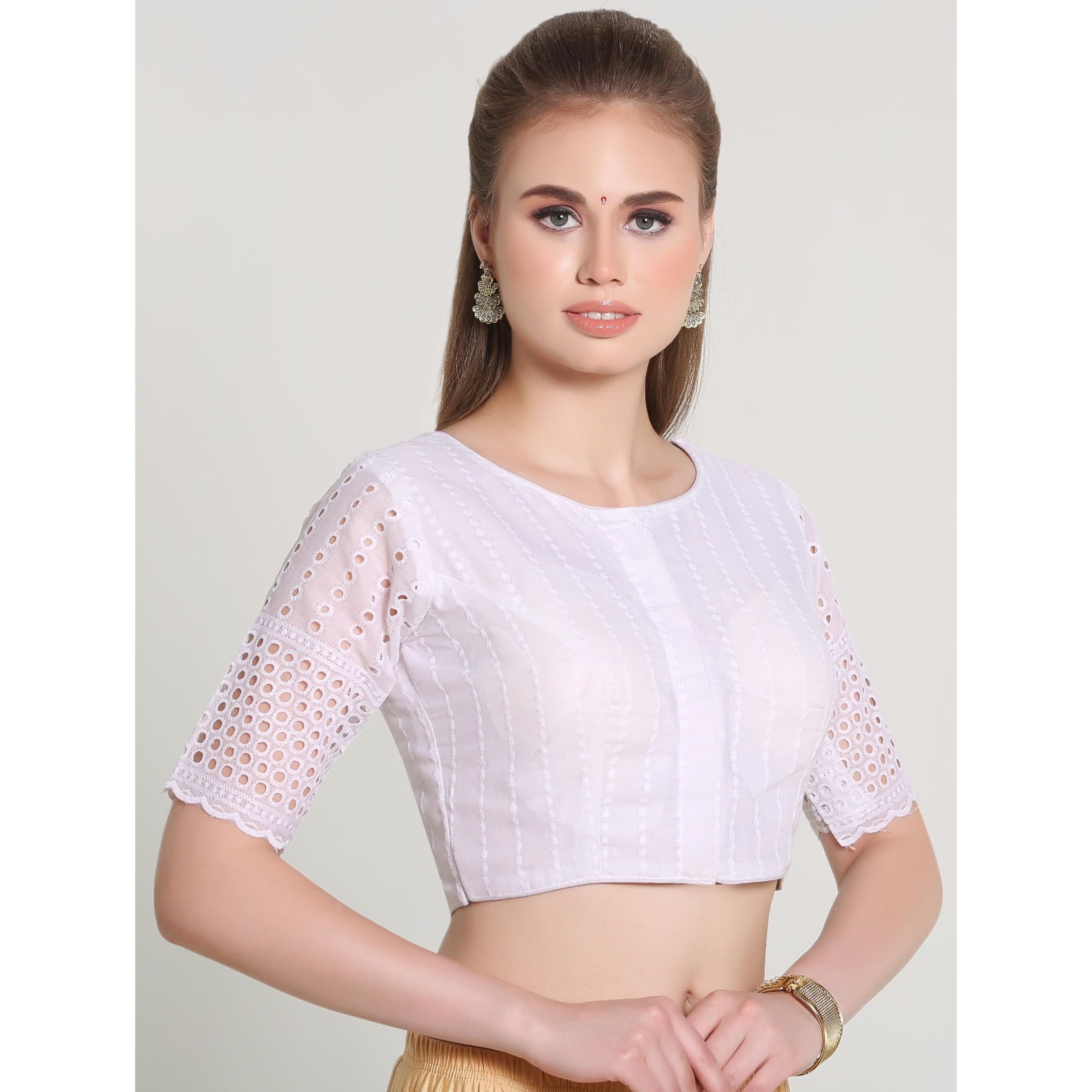 Pujia Mills Women's Trendy Hakoba Chikankari Work Half Sleeve White Saree Blouse (Hakoba 13 Bright White_38)