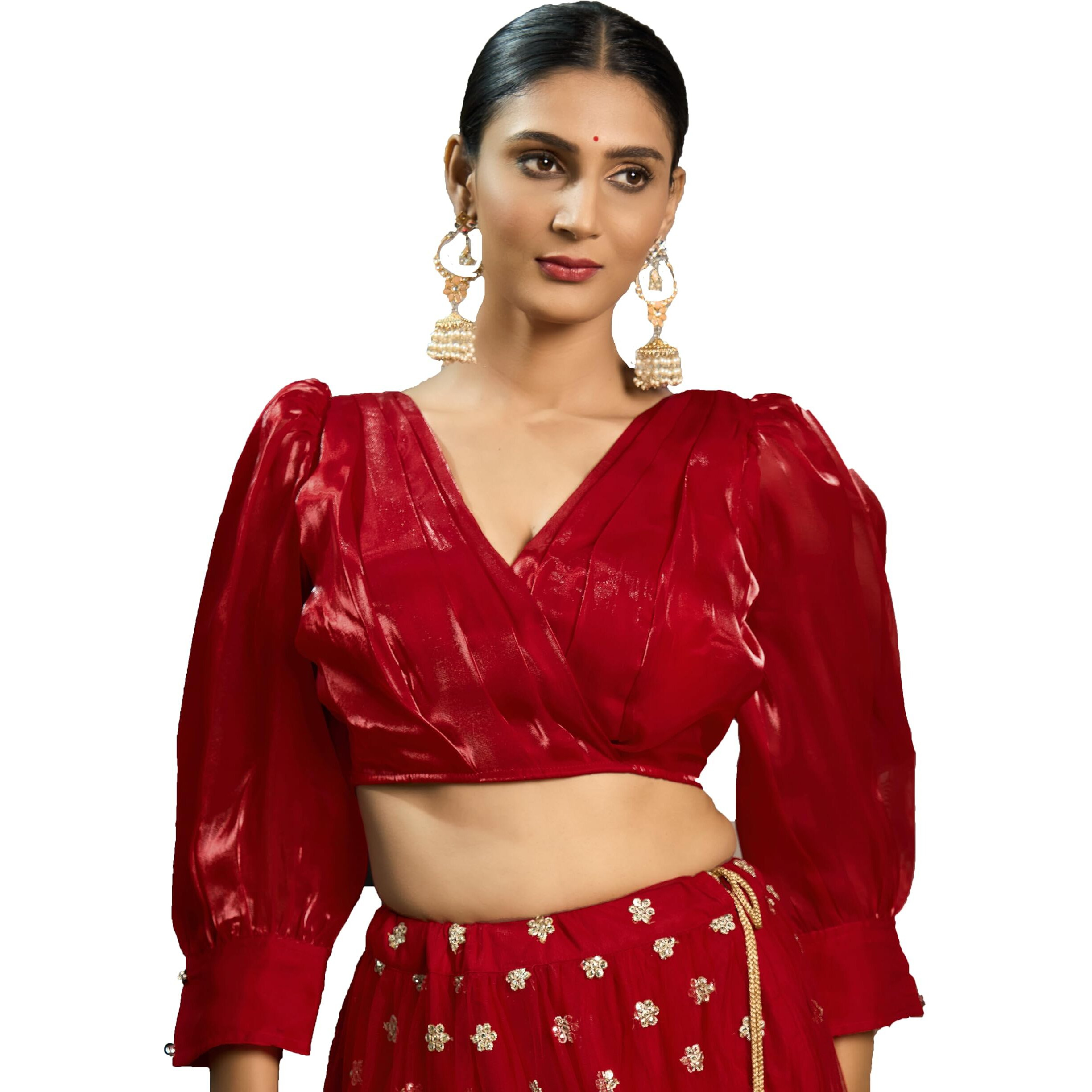 Pujia Mills Women's Rafale Silk Full Balloon Sleeve V Neck Blouse(Gangu) (Red, 40)