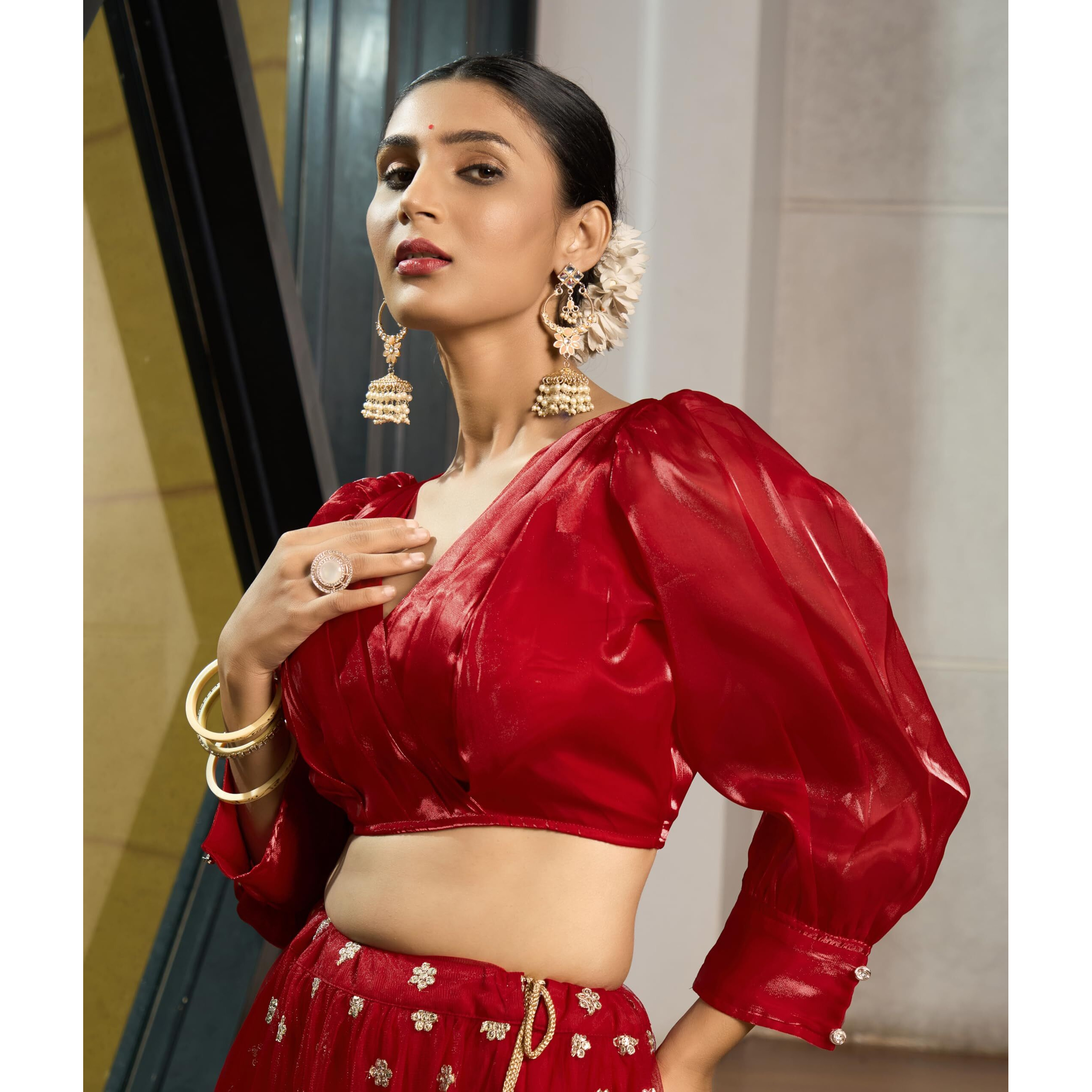 Pujia Mills Women's Rafale Silk Full Balloon Sleeve V Neck Blouse(Gangu) (Red, 40)