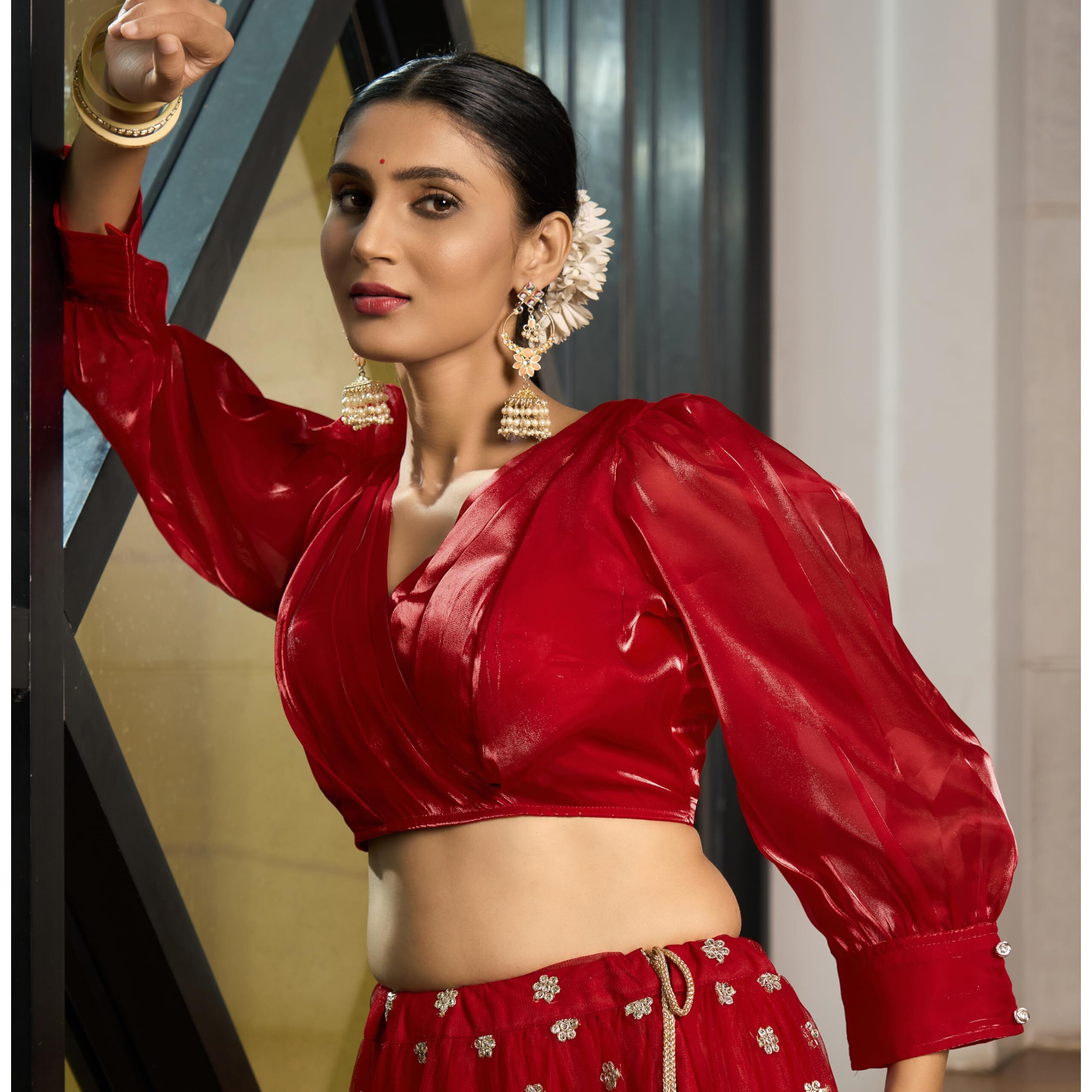 Pujia Mills Women's Rafale Silk Full Balloon Sleeve V Neck Blouse(Gangu) (Red, 40)